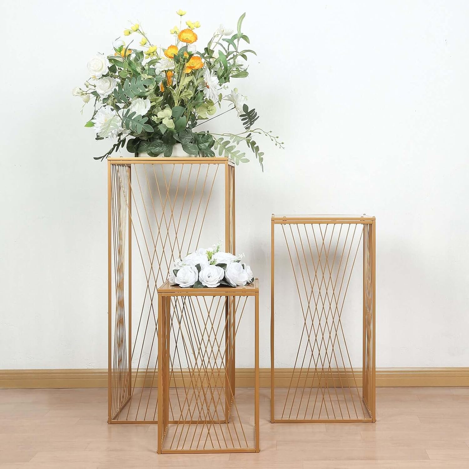 Efavormart Set of 3 Gold Metal Rectangular Pedestal Stands