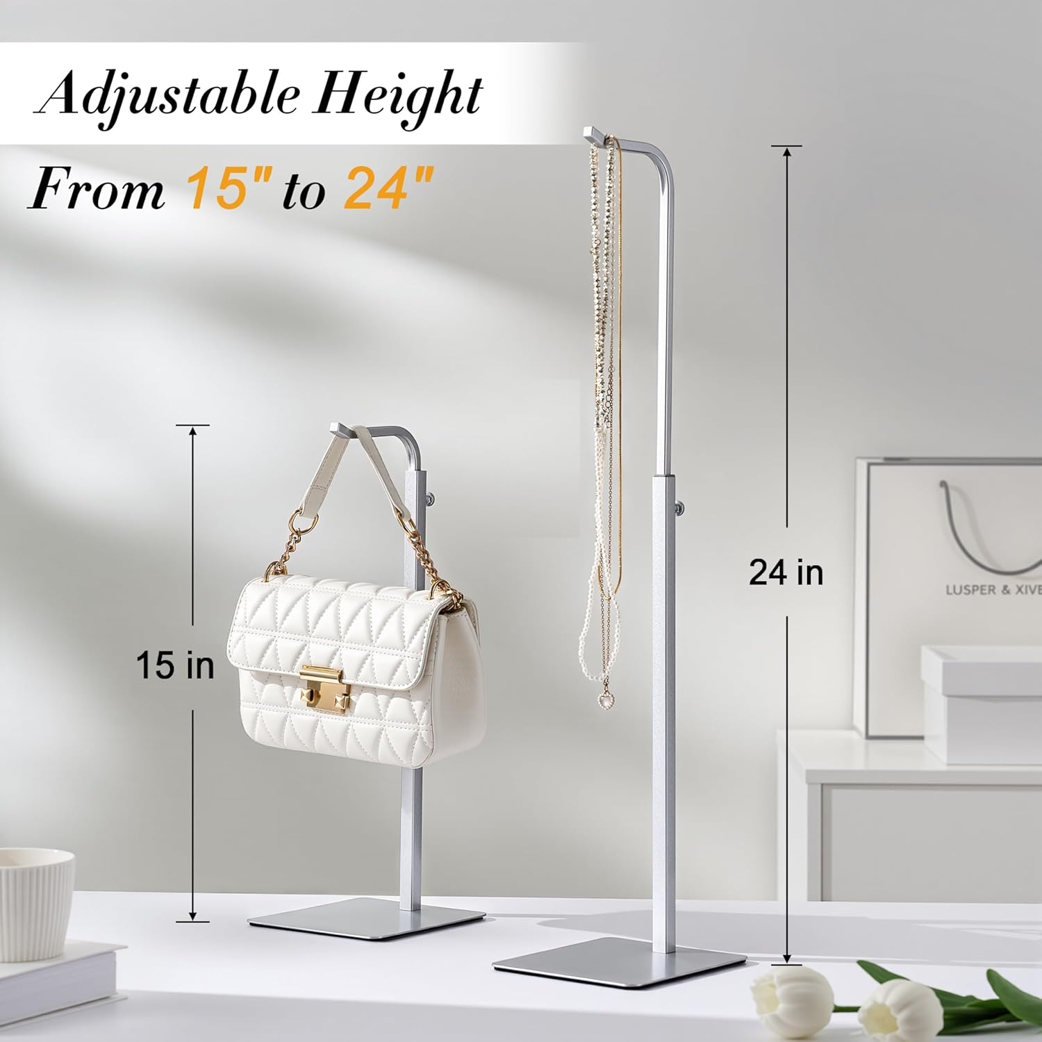 Purse Holder Handbag Display Stand with Silver Hanger
