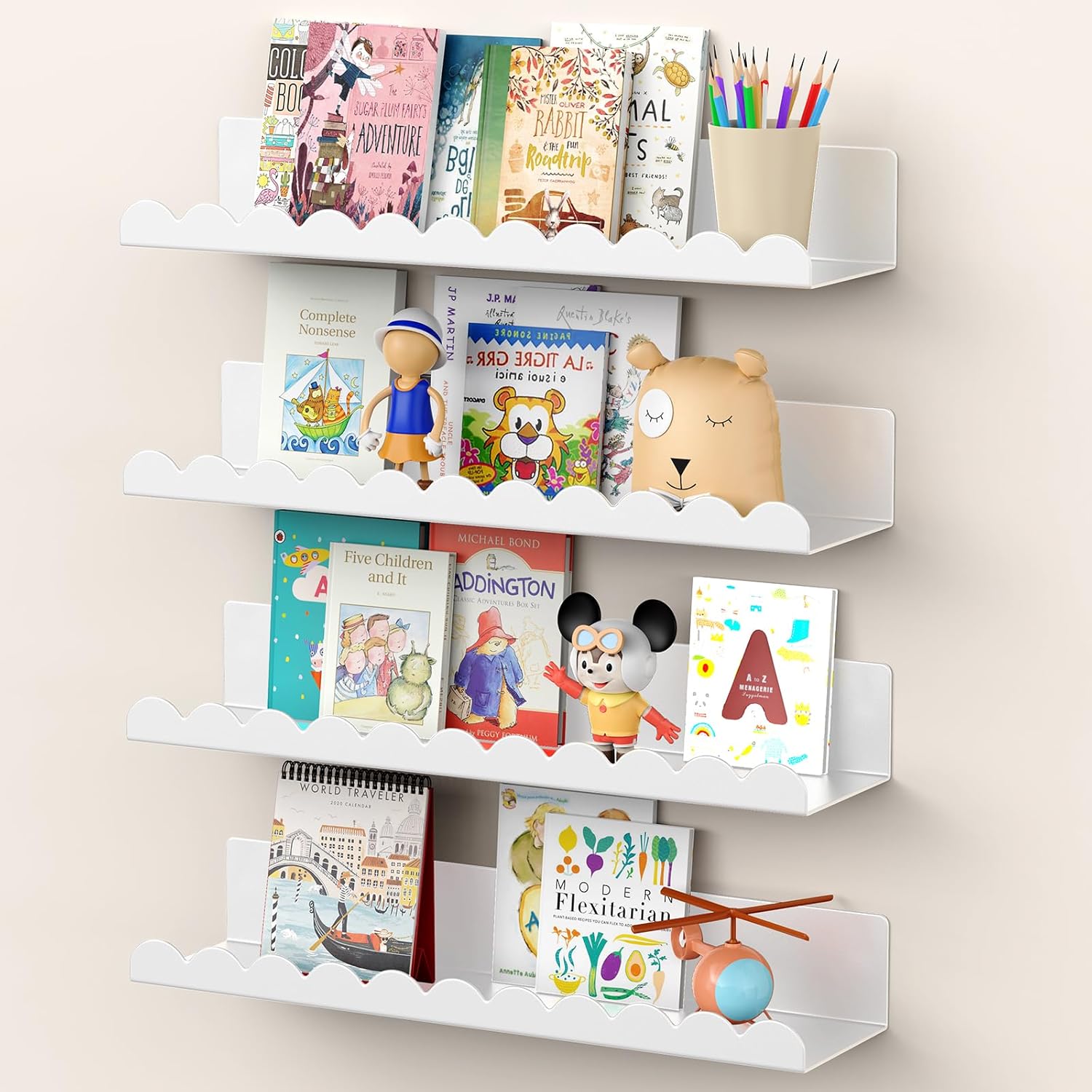 4 Pack White Floating Shelves for Kids Room Wall Decor