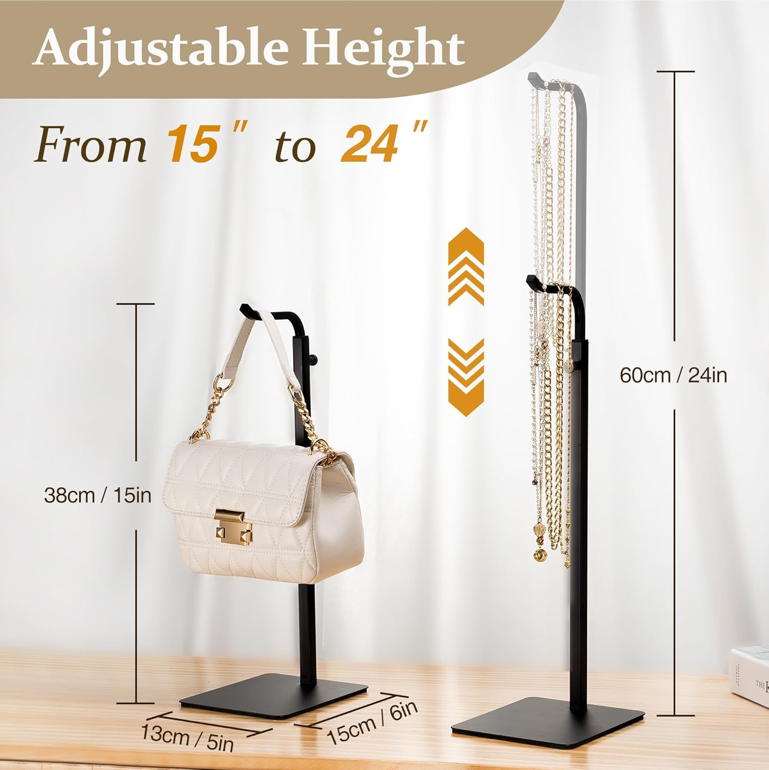2 Pack Purse Holder Display Stand Adjustable Black Hook for Tabletop Closet Desk Retail Use
