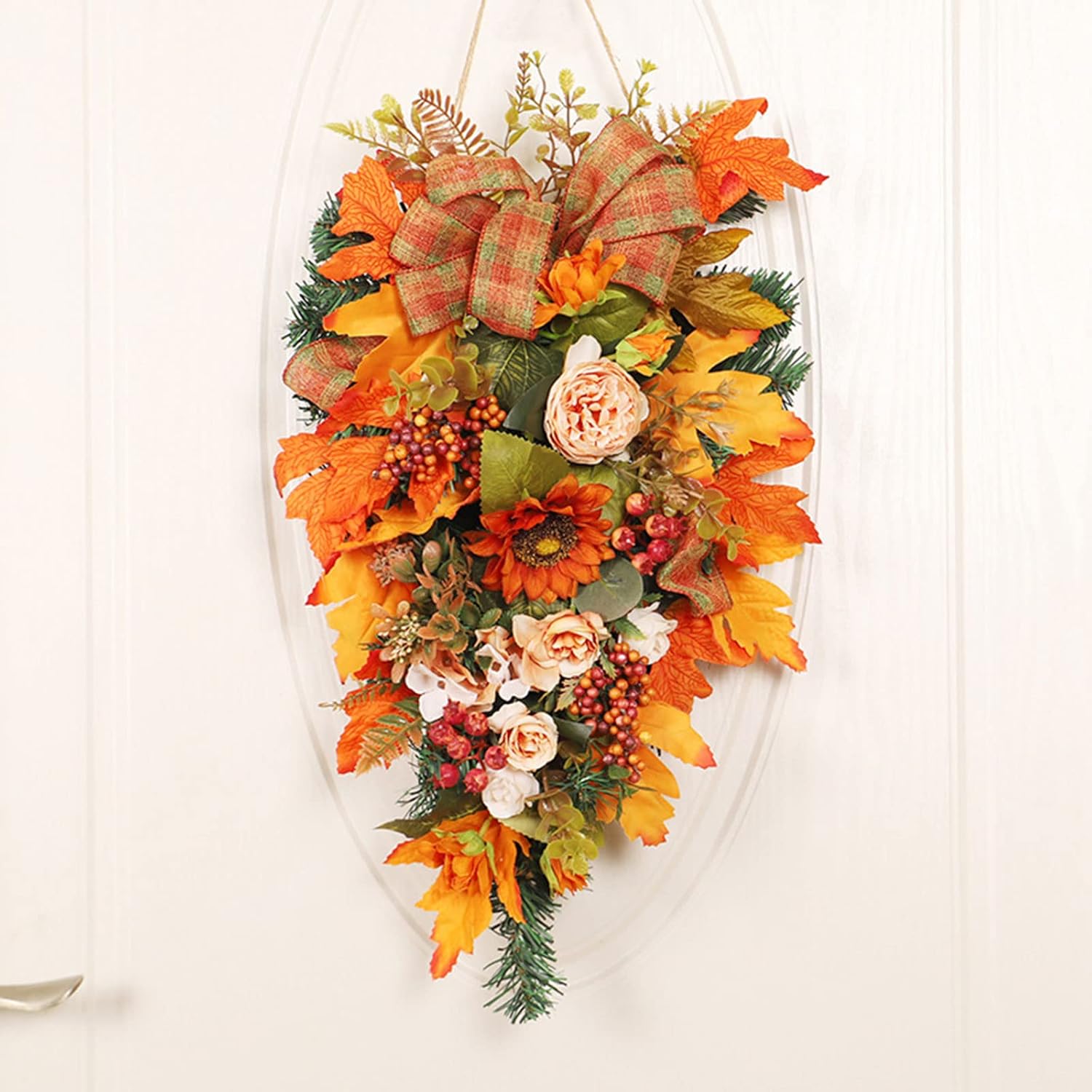 Harvest Teardrop Swag with Peonies and Maple Leaves