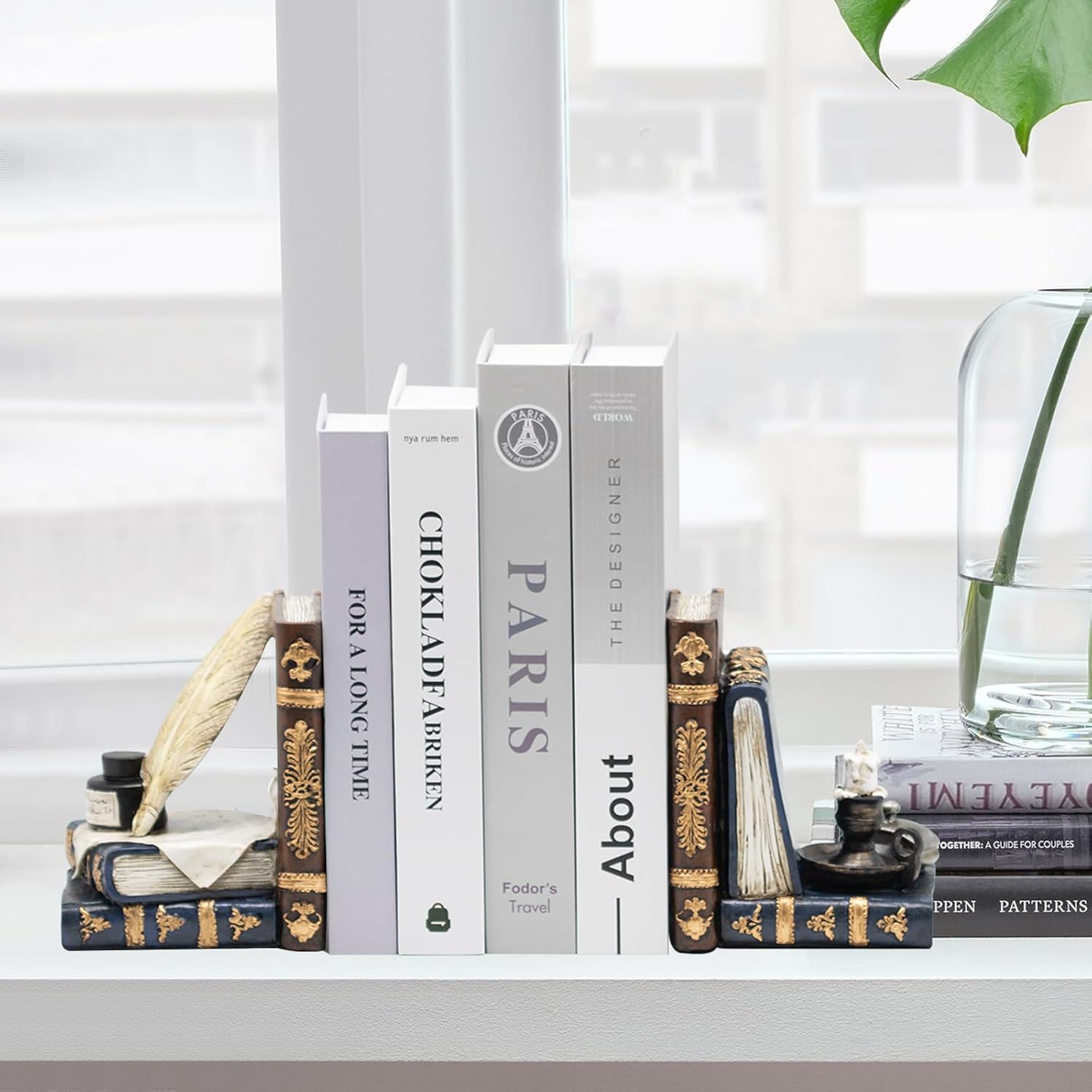 Vintage L Shaped Bookends with Feather Quill and Oil Lamp Design