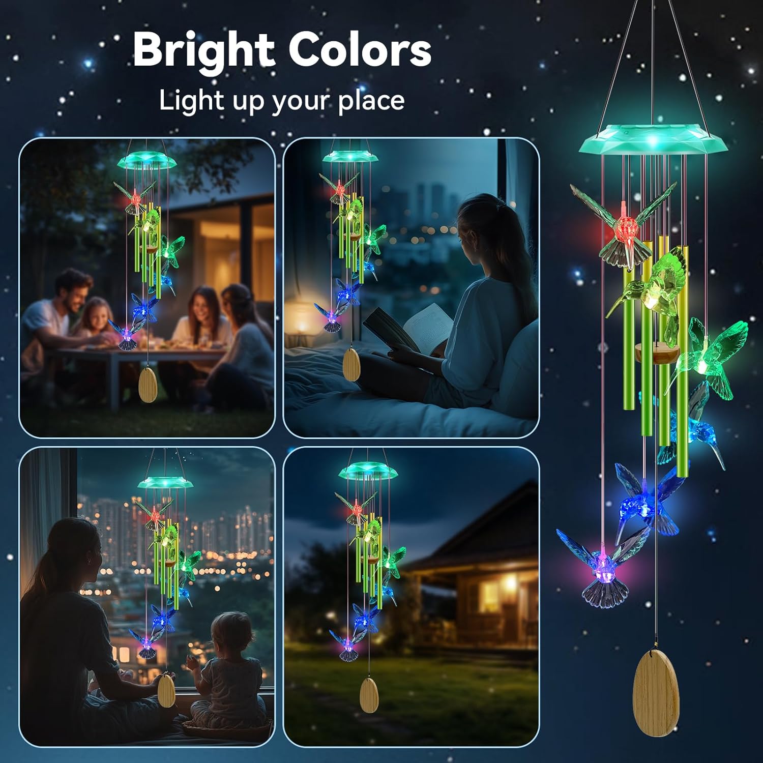 Hummingbird Solar Wind Chimes for Garden 37 Long