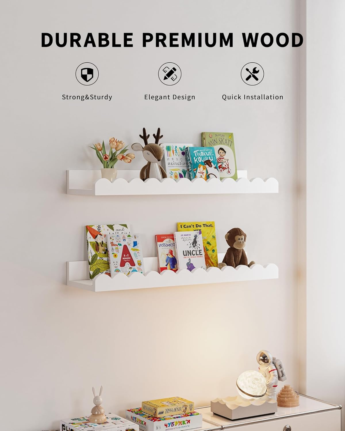 Shario 4-Pack White Floating Book Shelves for Kids Room
