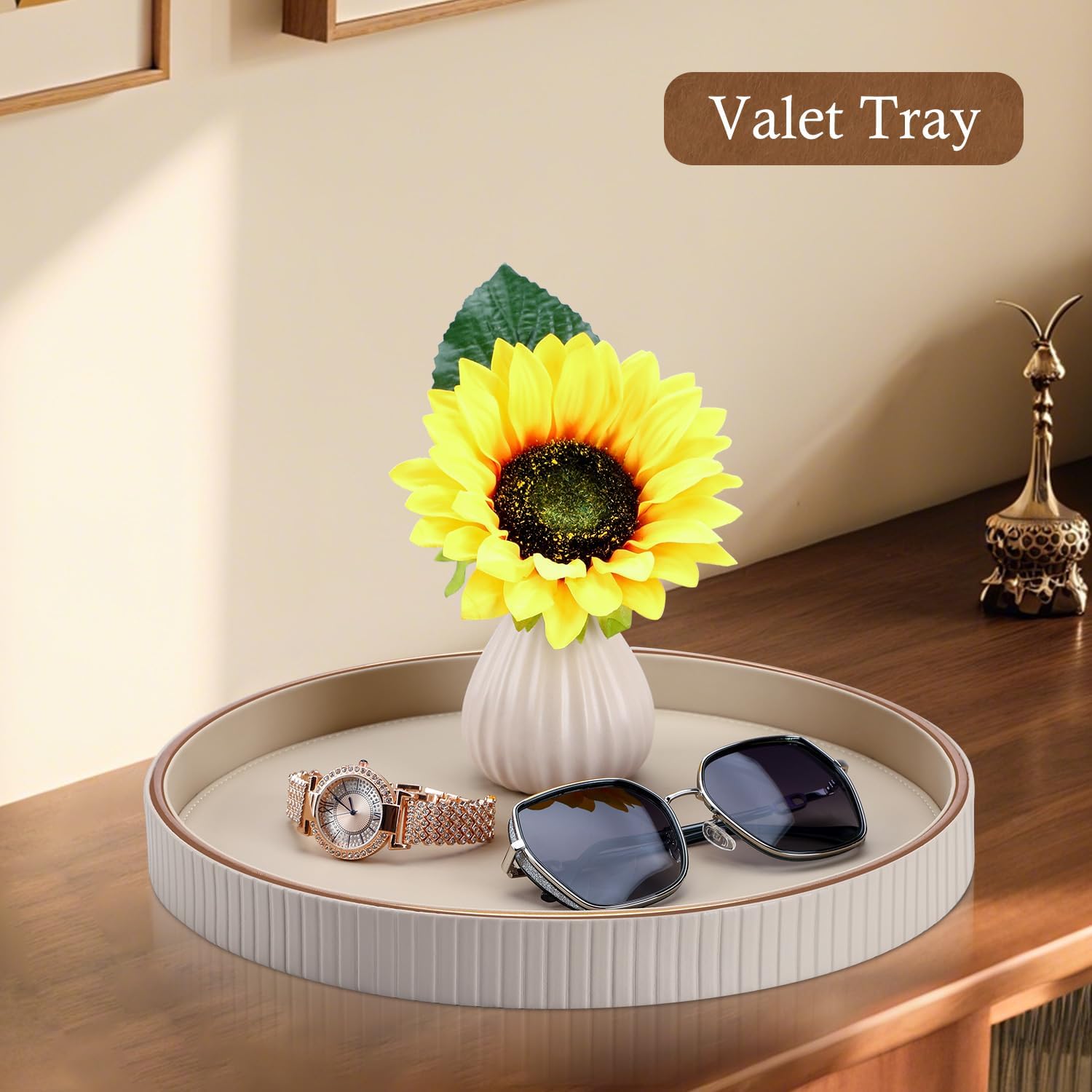 GORESE Round Decorative Tray 12 PU Leather Serving Tray for Coffee Table and Home Decor