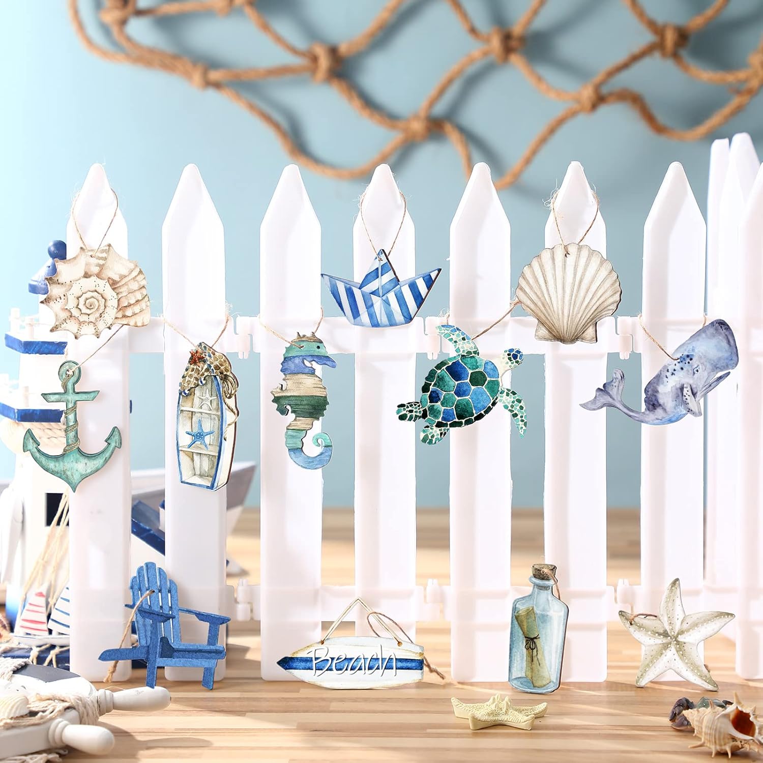 Maitys 36 Pcs Ocean Decor Wooden Hanging Ornaments