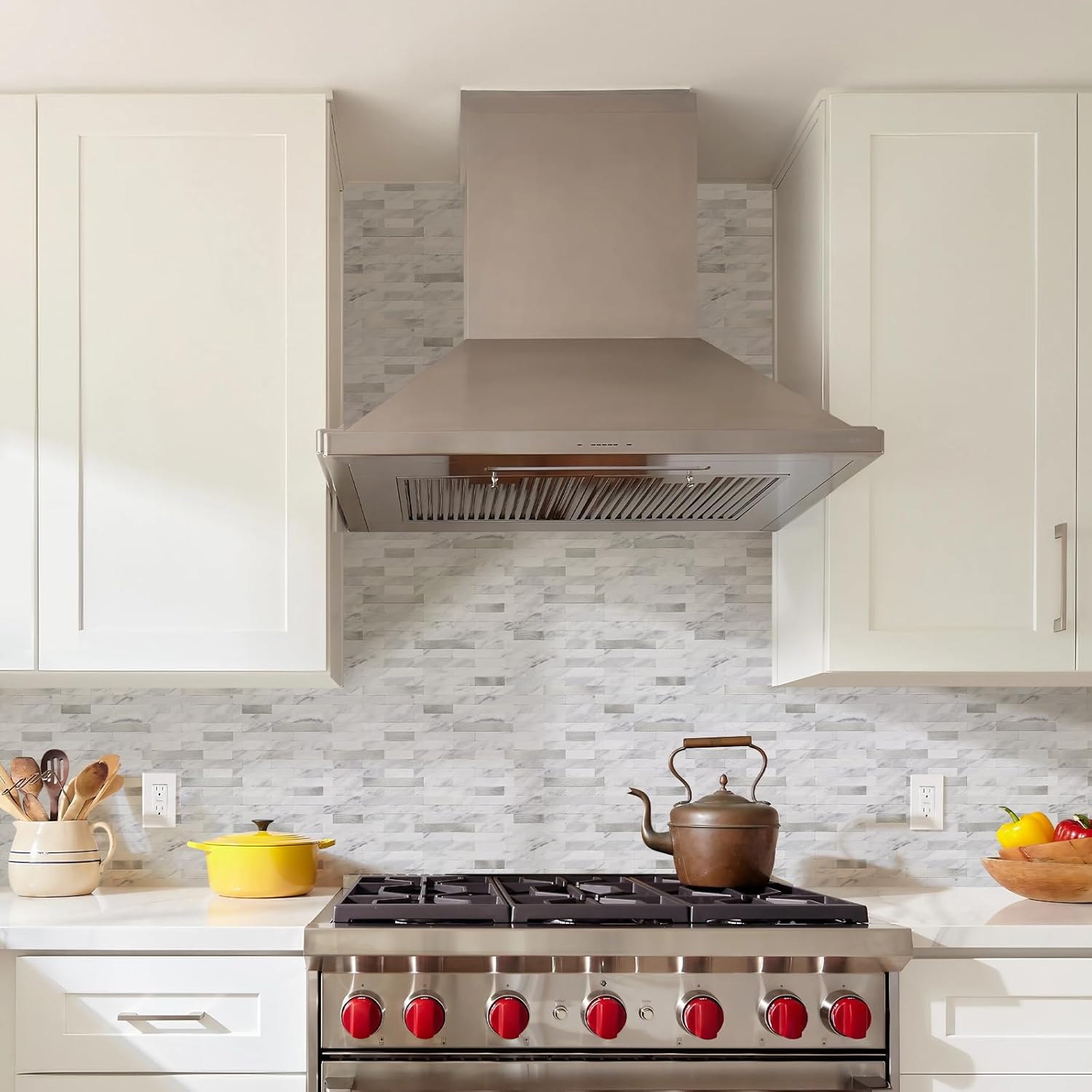 STICKGOO Peel and Stick Backsplash Tiles White Marble with Silver Metal 10 Sheets