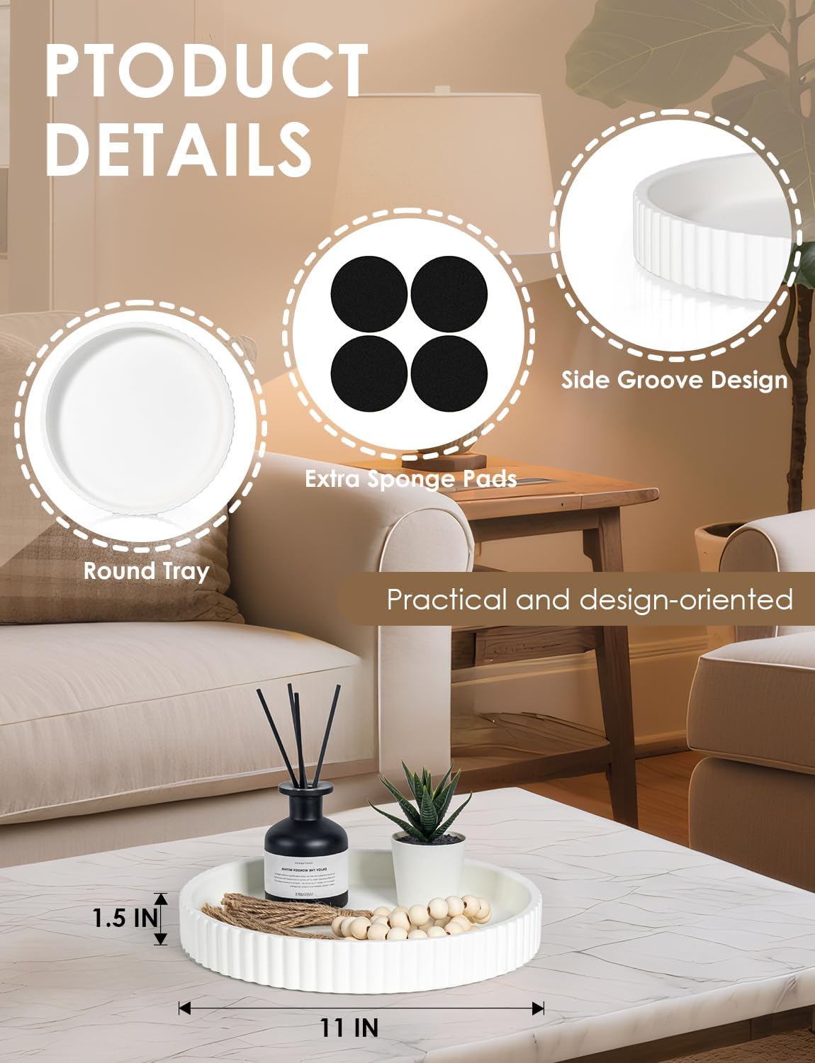 Baemin Concrete Coffee Table Tray 11 Inch White Round Serving Tray