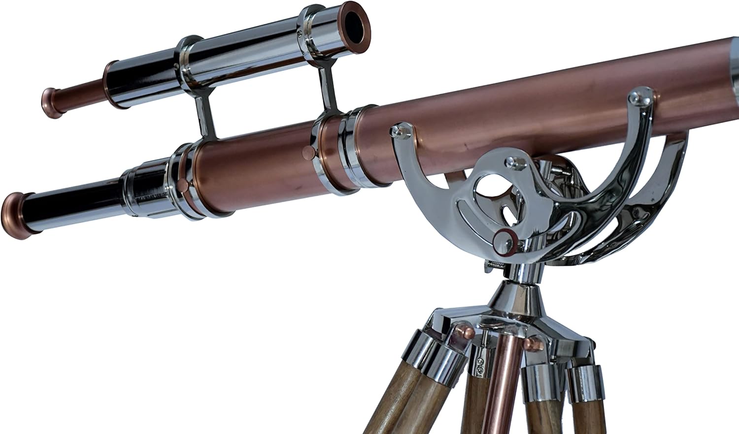 Nautical Vintage Brass Chrome Copper Double Barrel Telescope with Teak Tripod