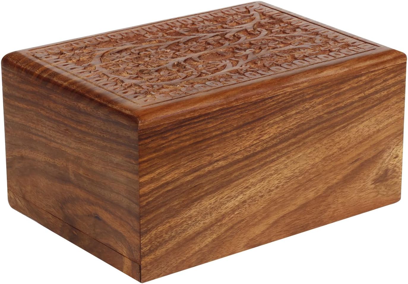 Hand Carved Wooden Urn Box - Cremation Urn for Human Ashes 7x5 Inch