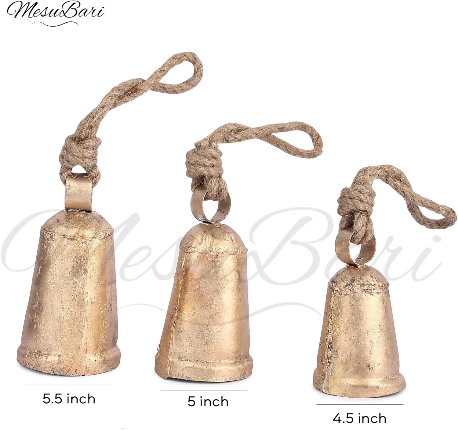 Set of 3 Vintage Brass Cone Cow Bells with Rustic Design