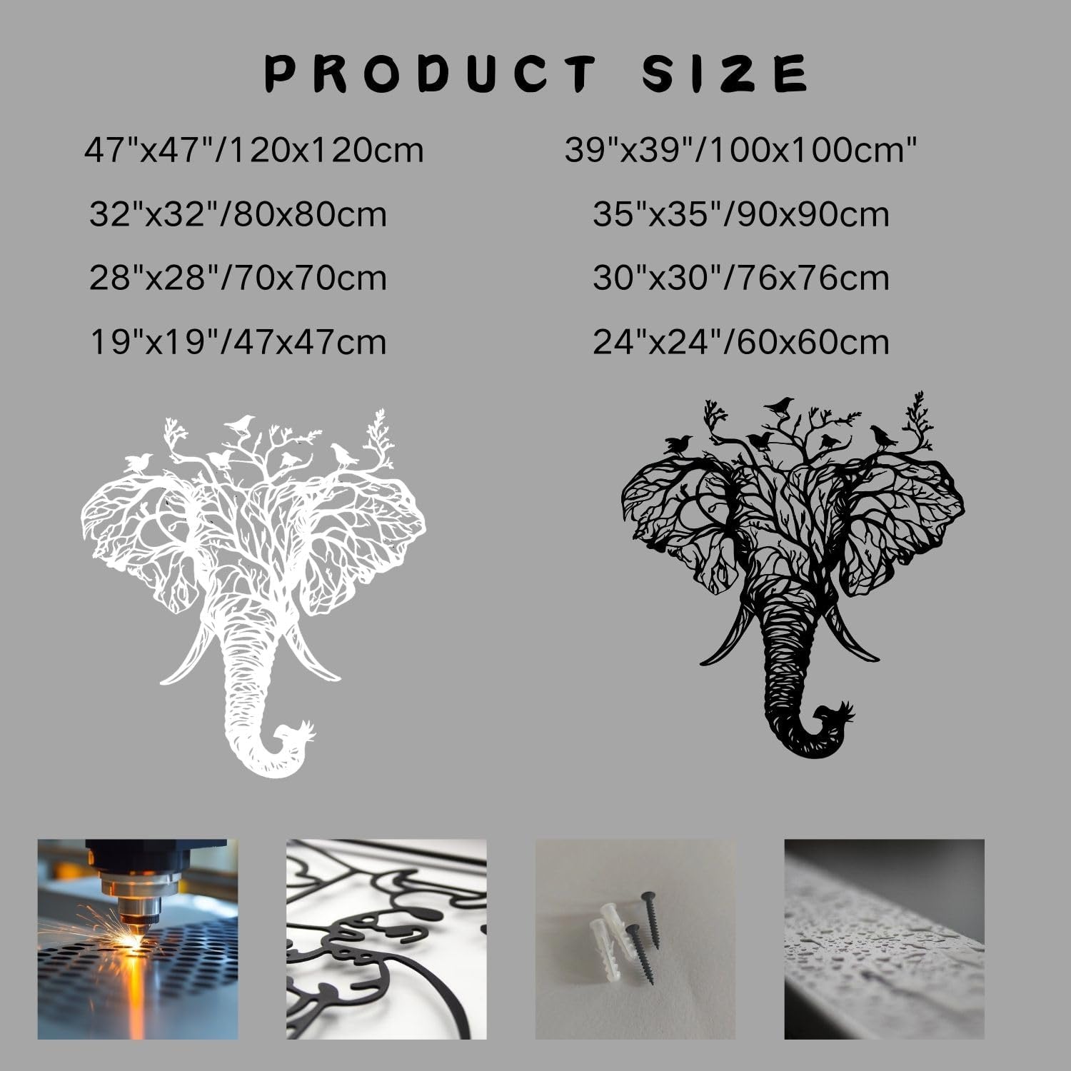 Flewfar Elephant Head Metal Wall Art Birds And Tree Hanging Decoration White 19x19 Inch Unframed