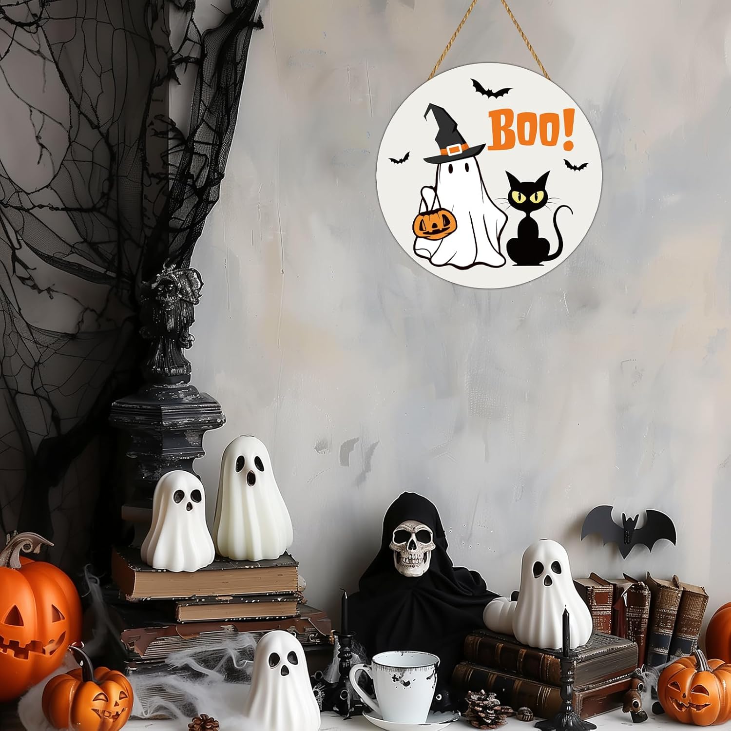 Halloween Door Wreath Cute Ghost Black Cat Front Door Decor