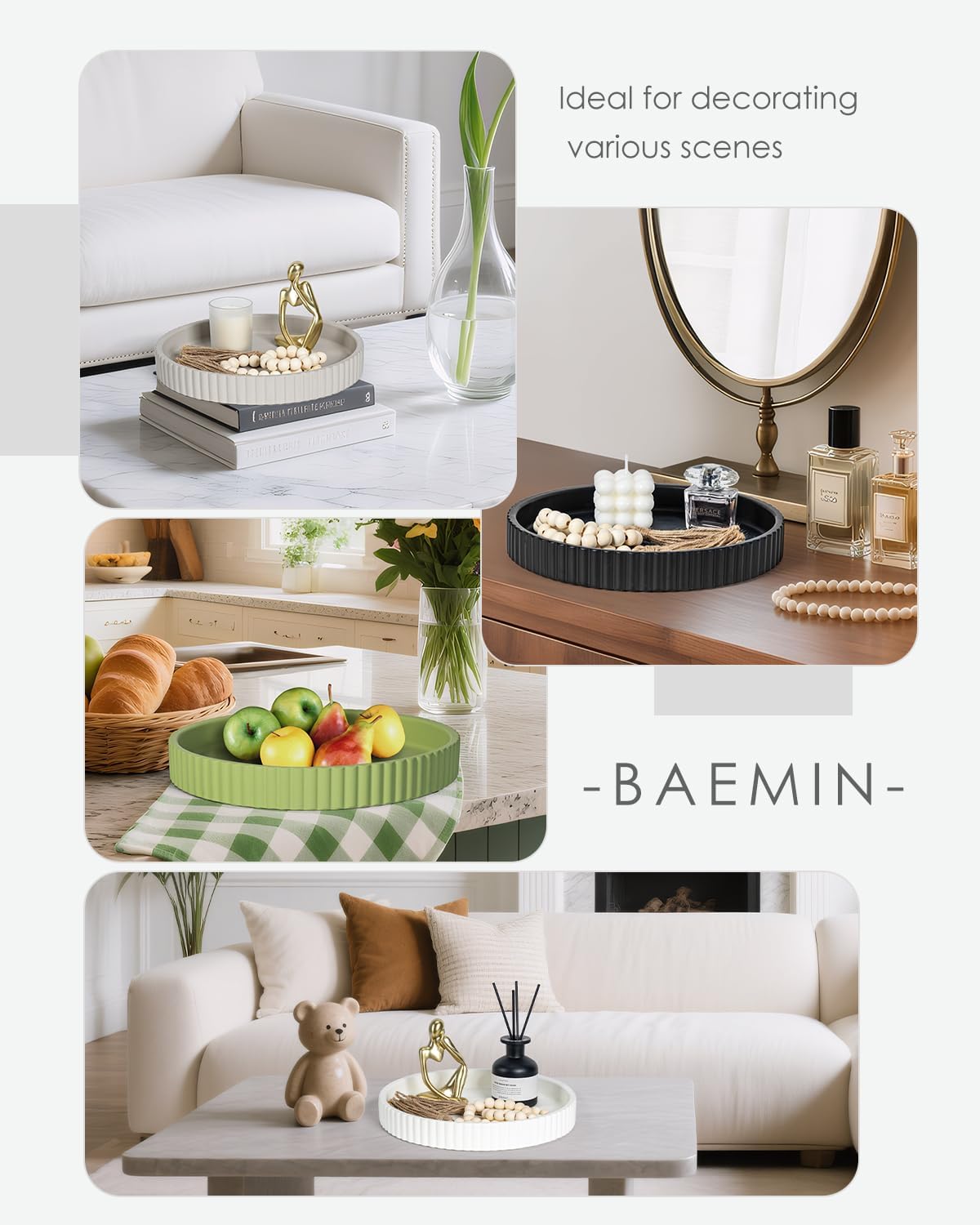 Baemin Concrete Coffee Table Tray 11 Inch White Round Serving Tray