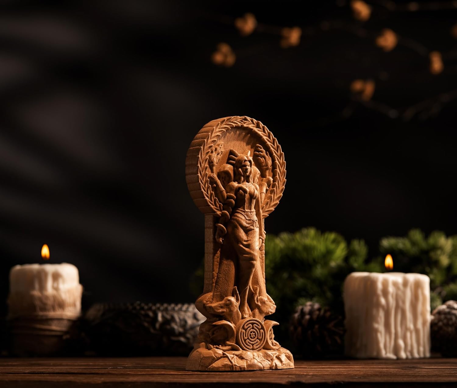 Wooden Hecate Statue - Triple Goddess Decor Sculpture