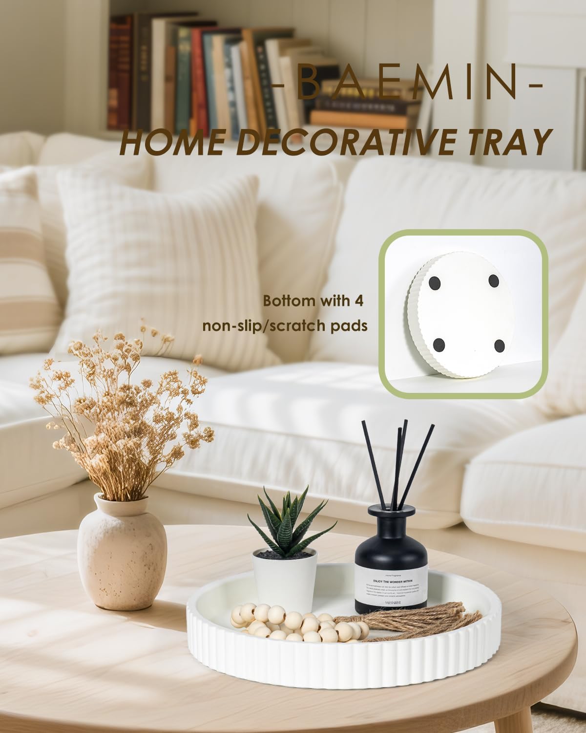 Baemin Concrete Coffee Table Tray 11 Inch White Round Serving Tray