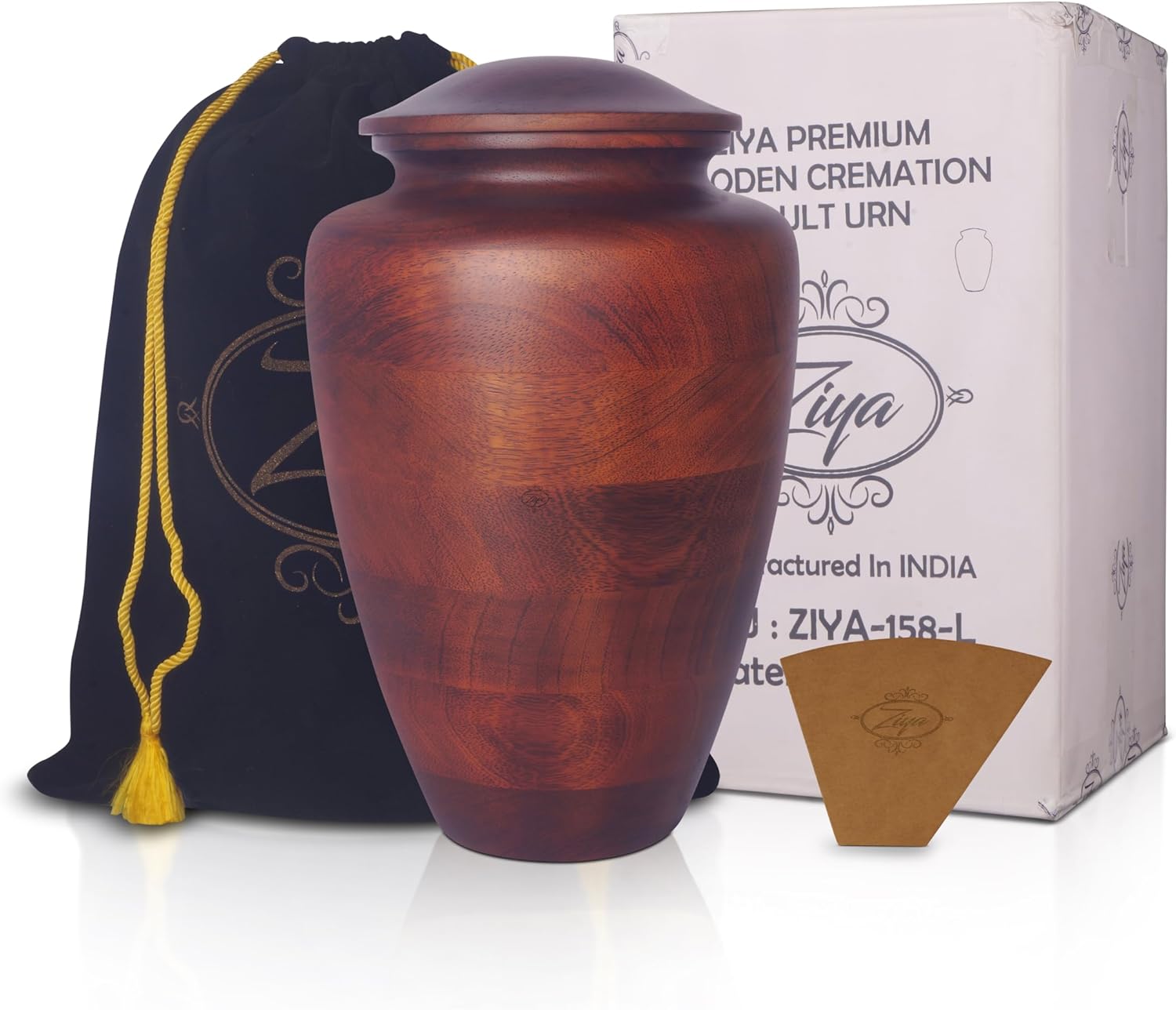 ZIYA Large Wooden Cremation Urn for Human Ashes - Rosewood Burial Urn with Velvet Bag