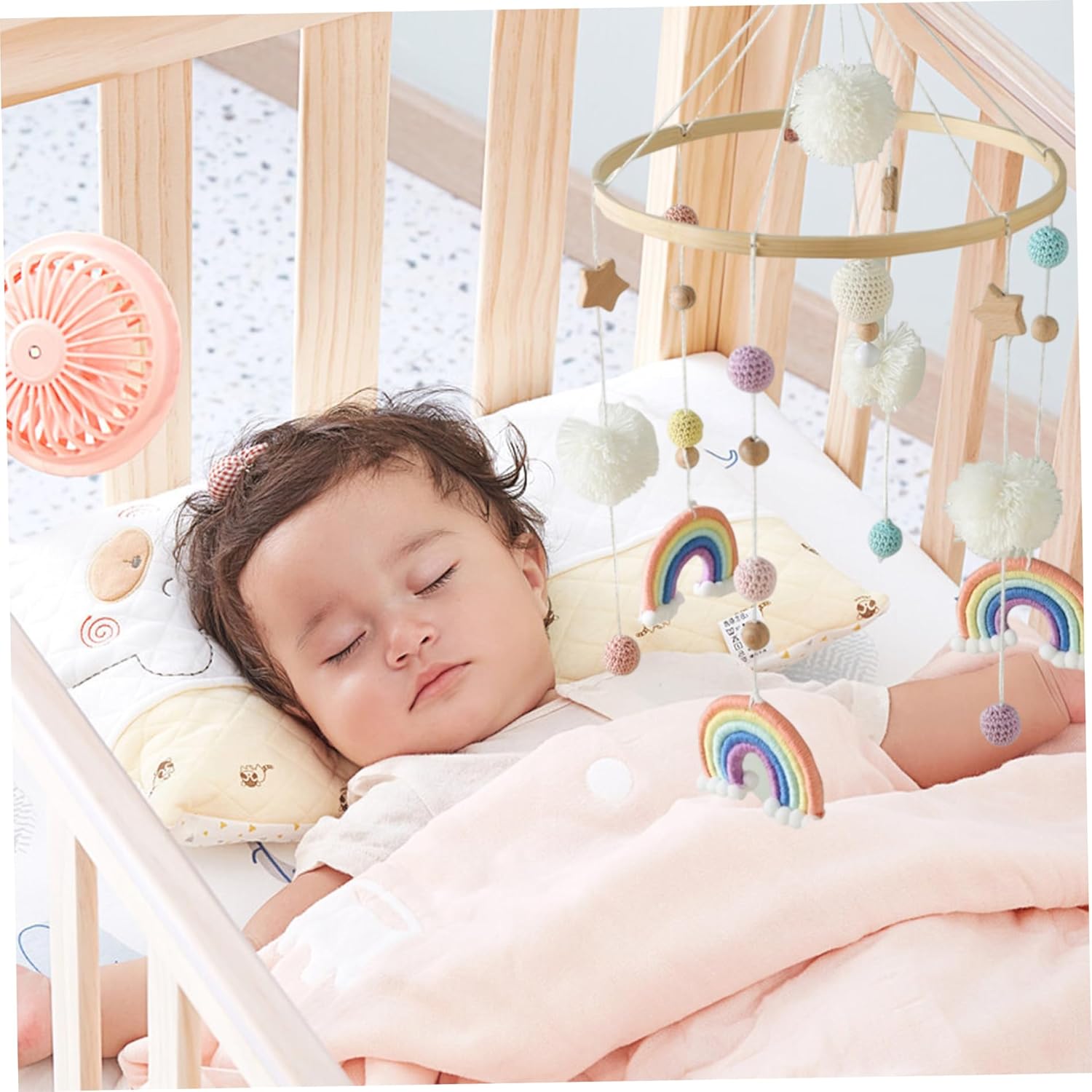 Bassinet Mobile with Bamboo Holder Rainbow Star Pompom Crochet Ball