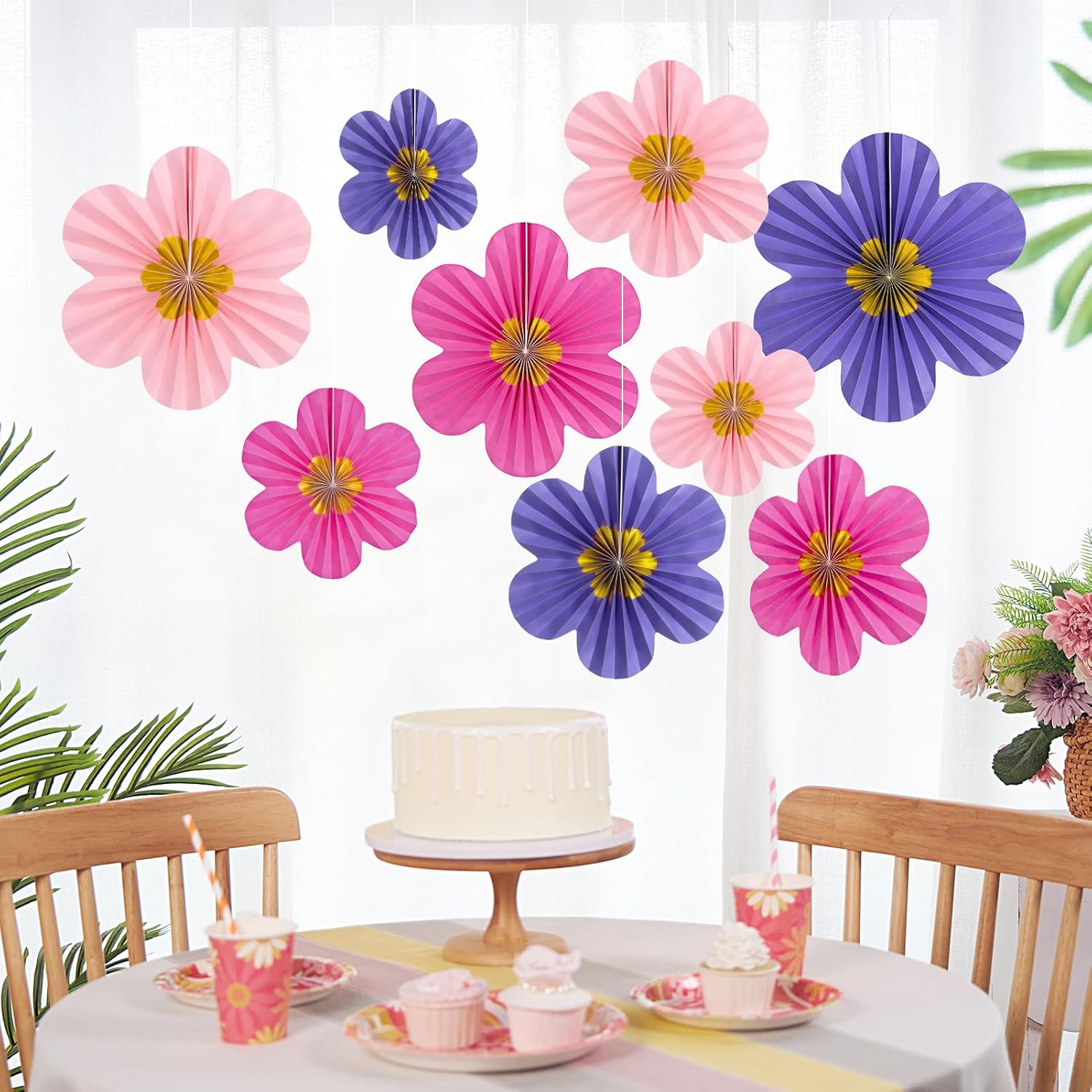 9 PCS Pink Purple Hanging Paper Fans for Decor