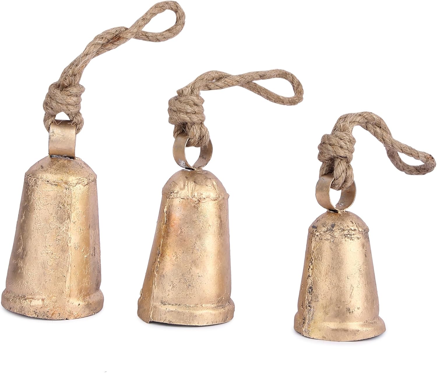 Set of 3 Vintage Brass Cone Cow Bells with Rustic Design