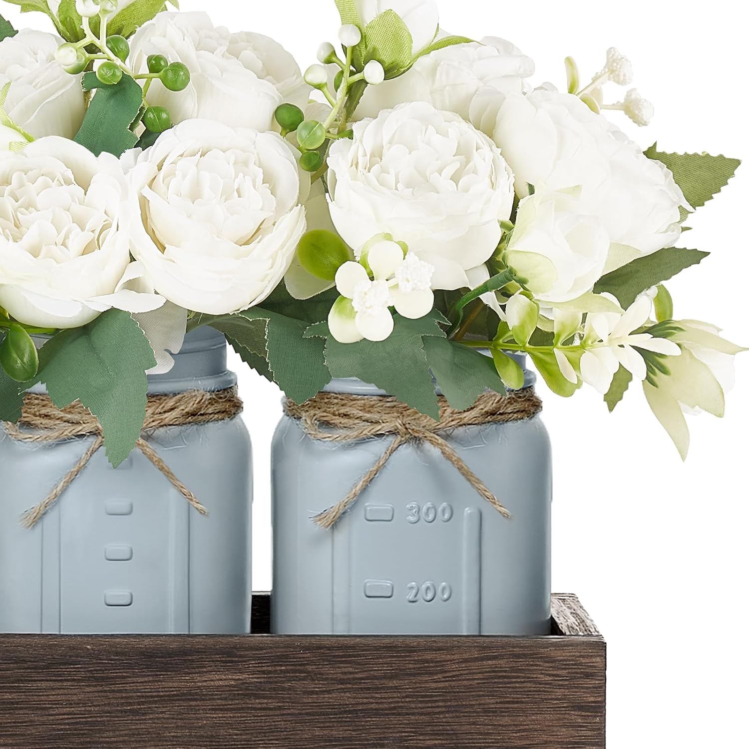 Mkono Decorative Wood Tray With 3 Painted Jars And Artificial Flowers