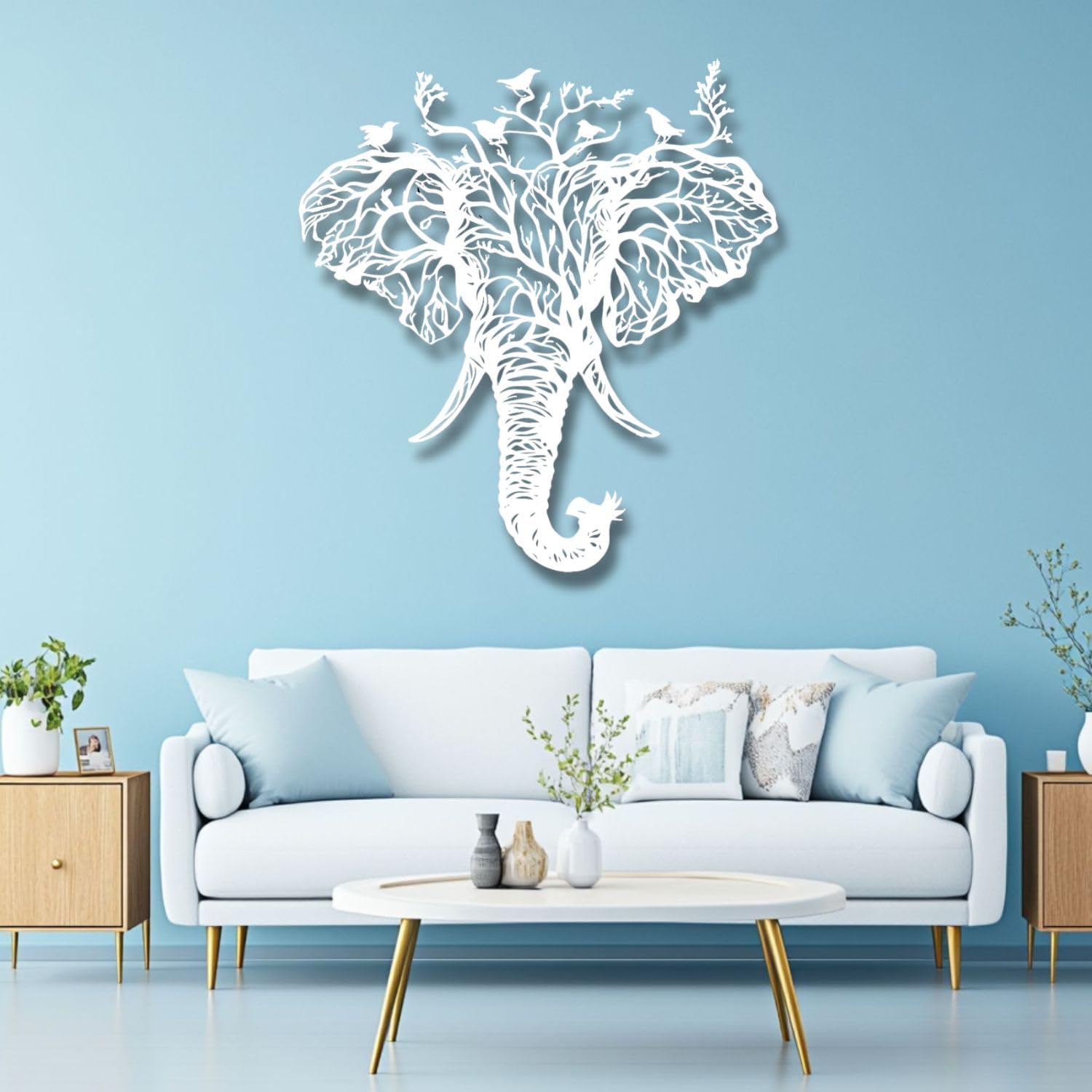 Flewfar Elephant Head Metal Wall Art Birds And Tree Hanging Decoration White 19x19 Inch Unframed