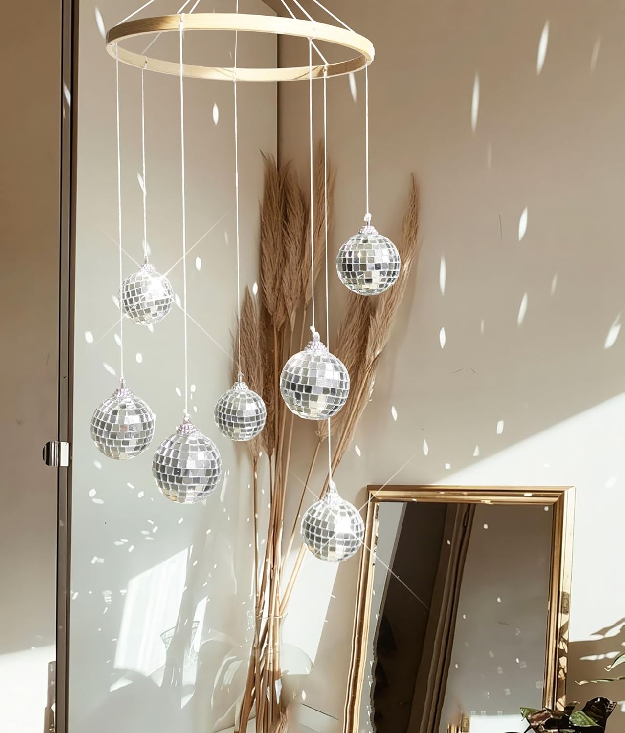 Dazzling Disco Ball Mobile 78 Inch Spiral Spinner Bamboo Decor