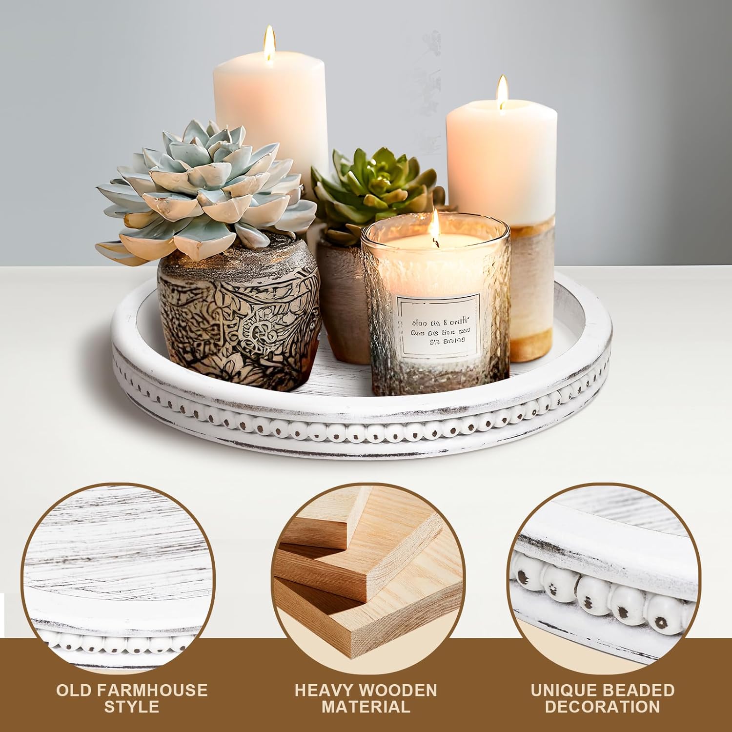 CEDARLUX Wooden Round Decorative Tray - Modern Farmhouse White Coffee Table Serving Tray