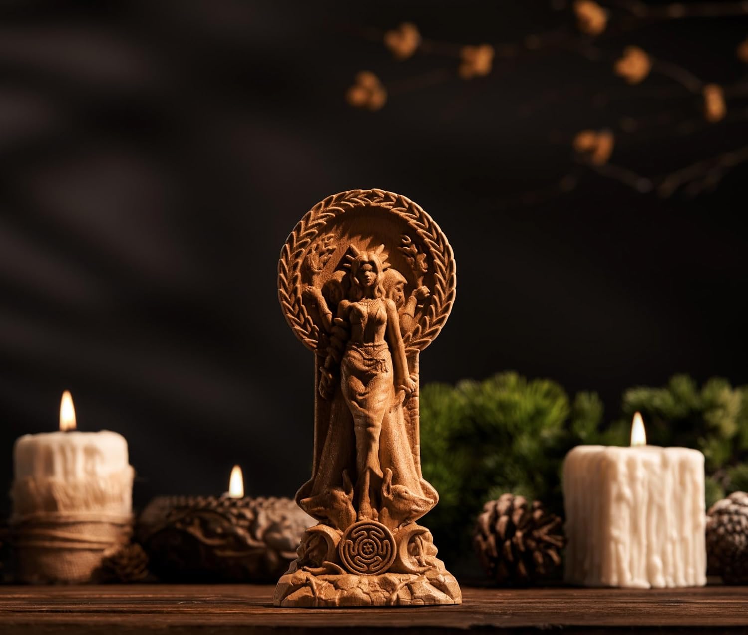 Wooden Hecate Statue - Triple Goddess Decor Sculpture