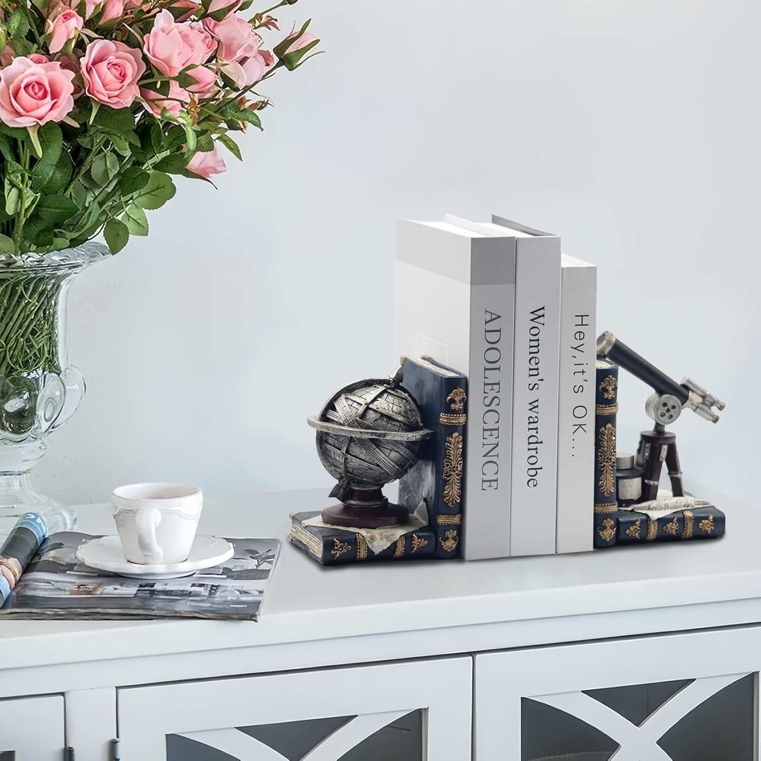 Vintage Telescope Armillary Spheres Bookends for Shelves