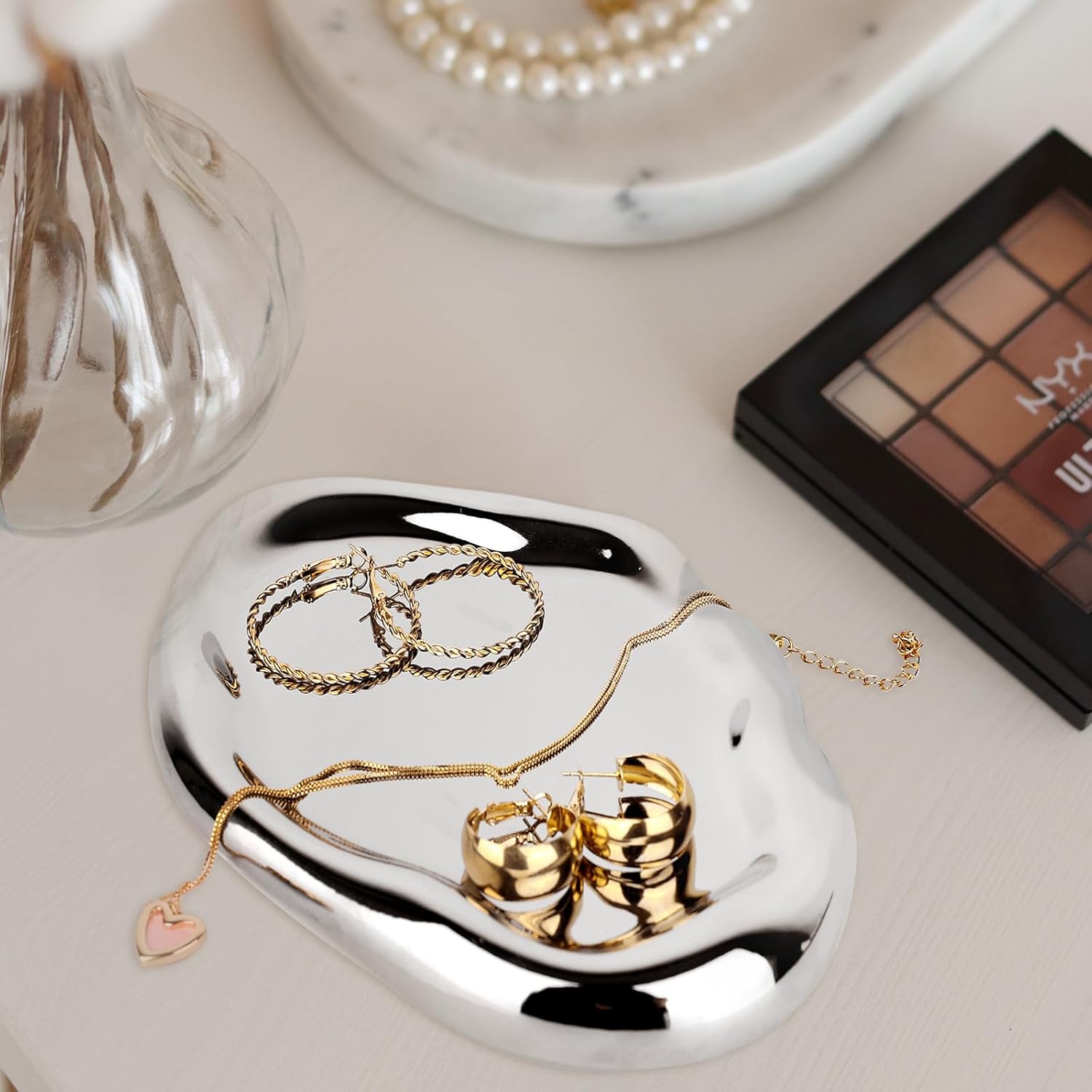 CHENDECOR Silver Ceramic Vanity Tray Decorative Organizer
