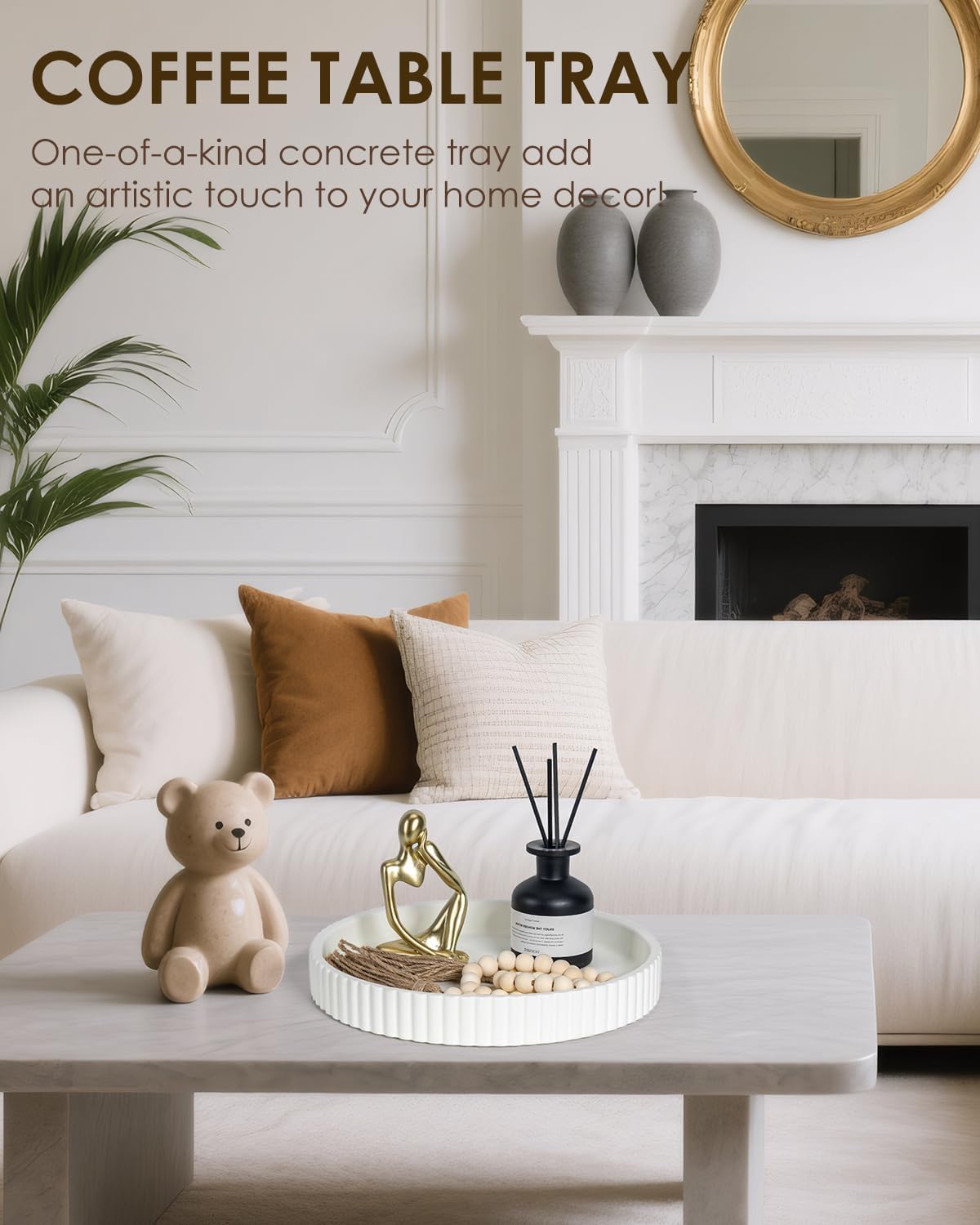 Baemin Concrete Coffee Table Tray 11 Inch White Round Serving Tray