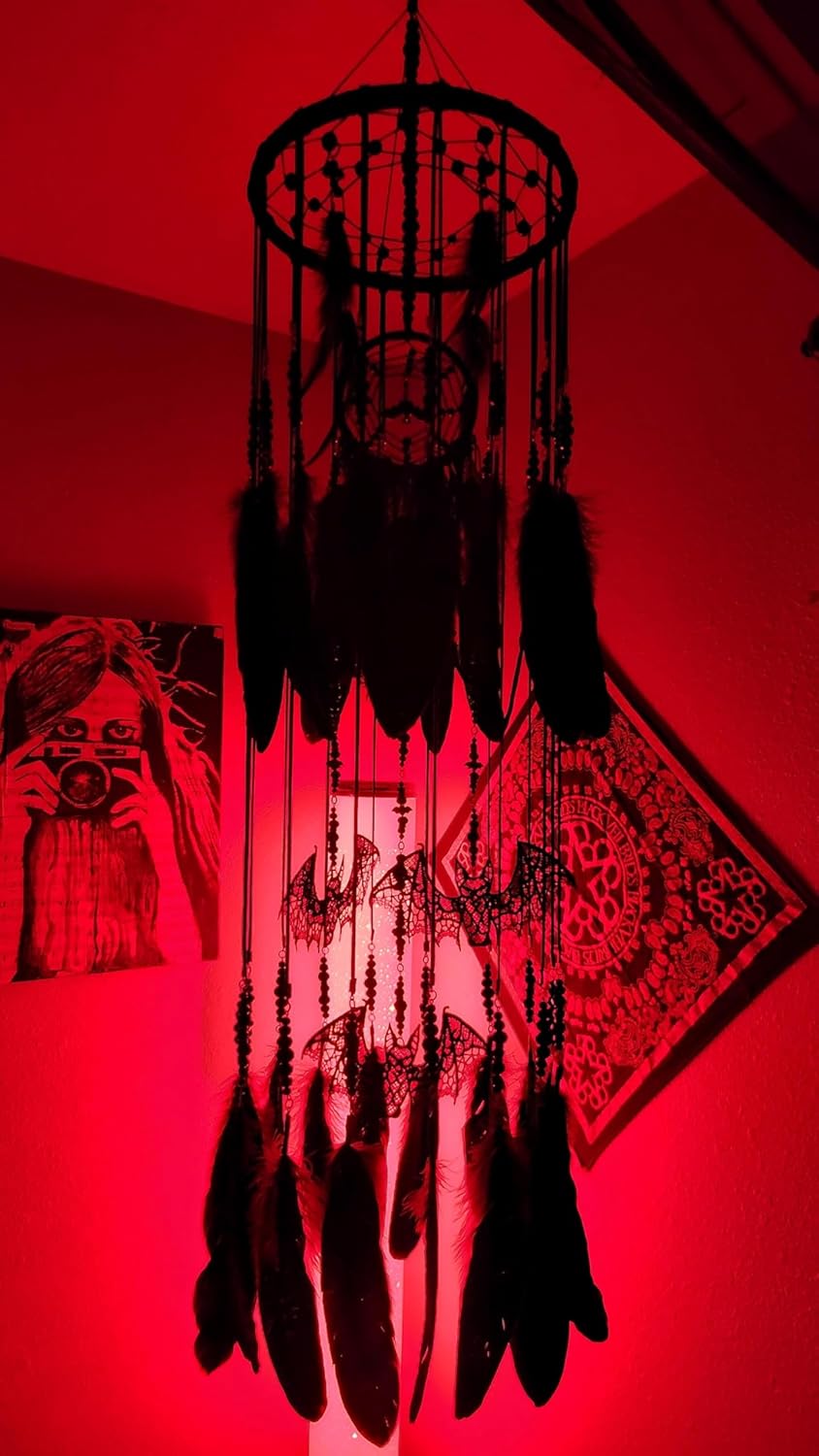 Gothic Black Dreamcatcher Mobile with Crystals and Bats