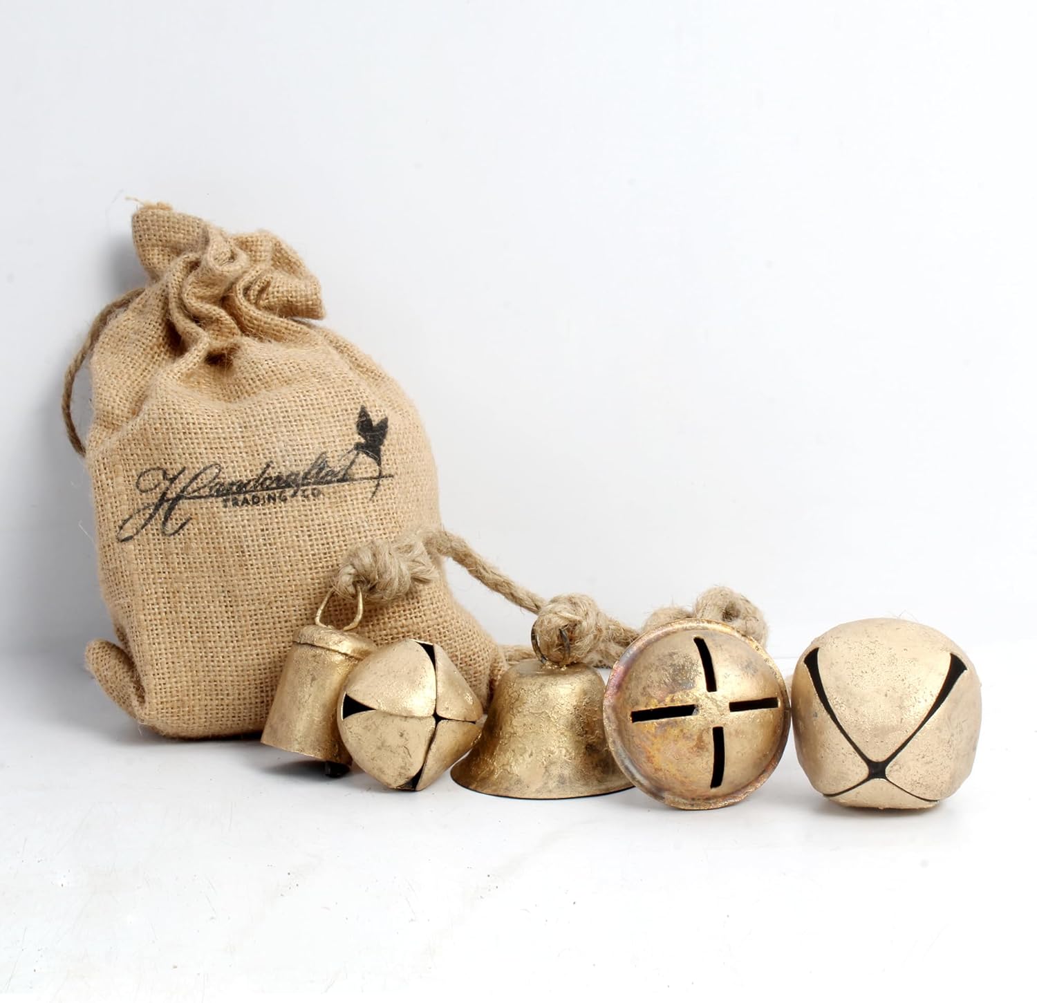 Set of 5 Vintage Handmade Rustic Christmas Bells on Jute Rope