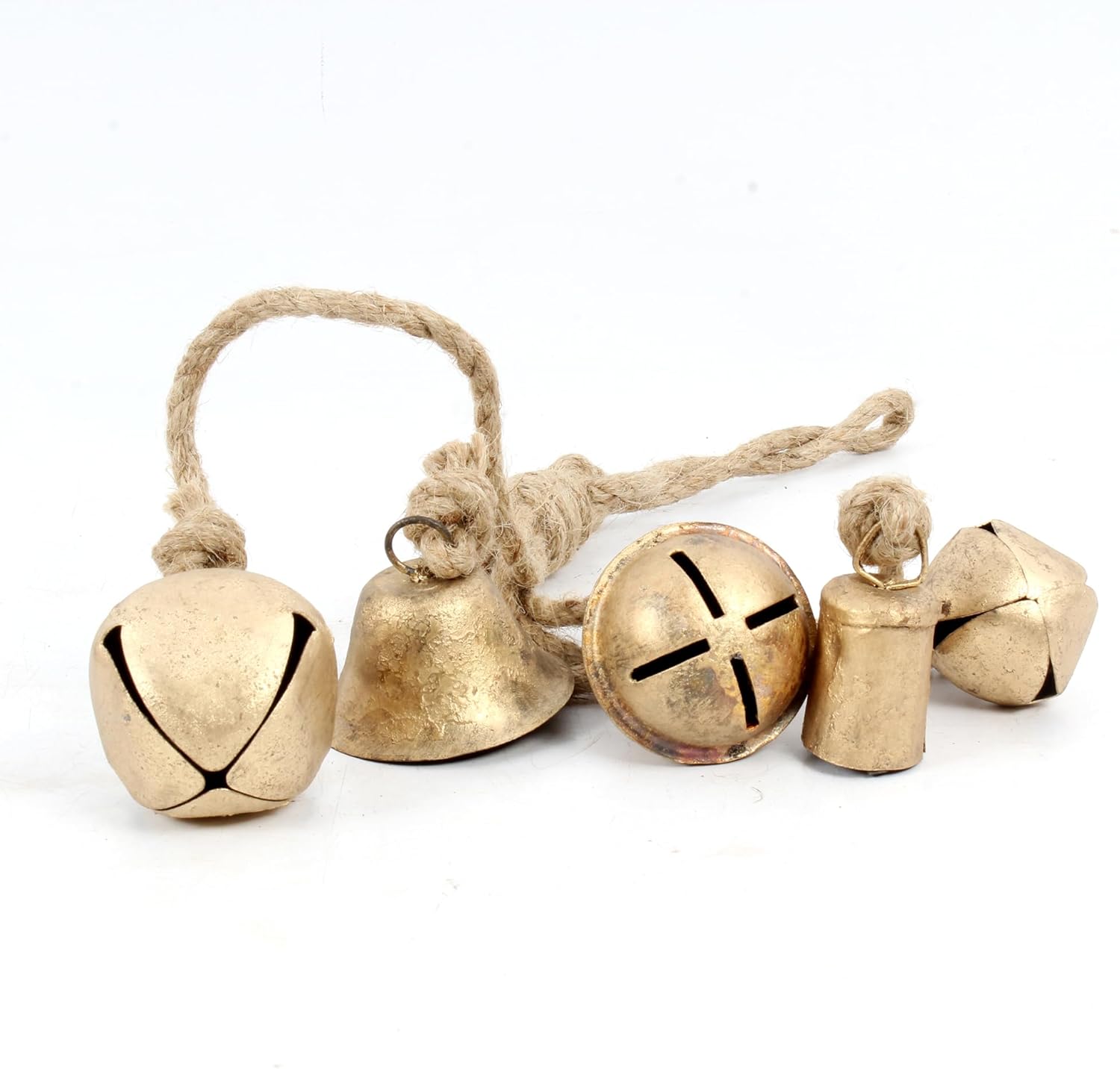 Set of 5 Vintage Handmade Rustic Christmas Bells on Jute Rope
