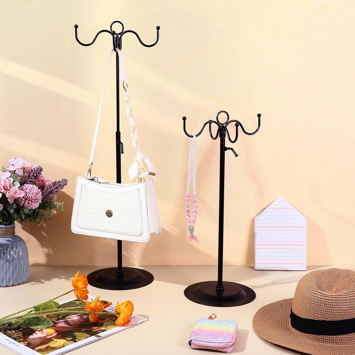 4 Pcs Metal Adjustable Height Purse Display Stand with 4 Hooks Black