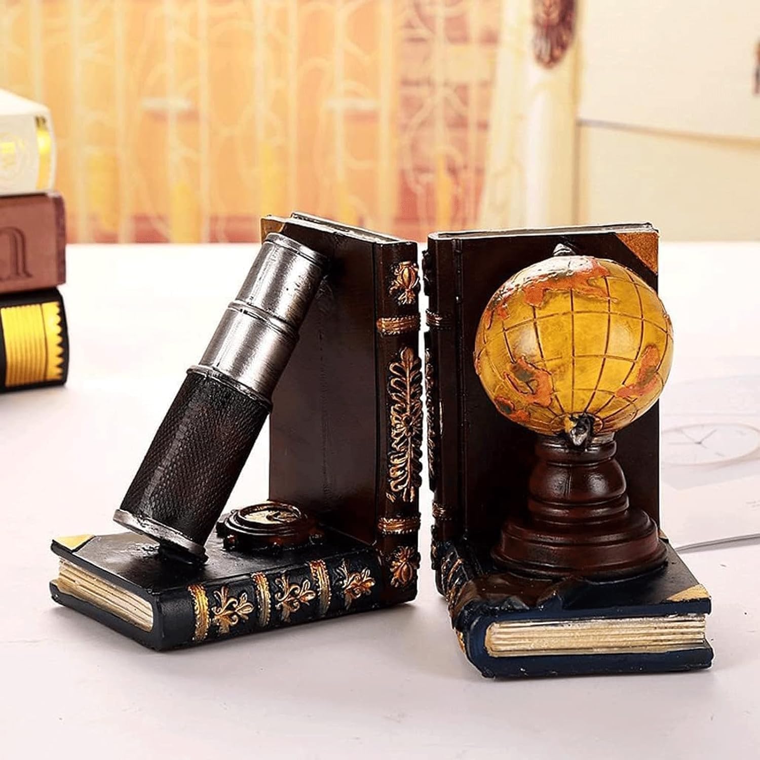 Unique Vintage Globe Telescope Bookend for Shelves