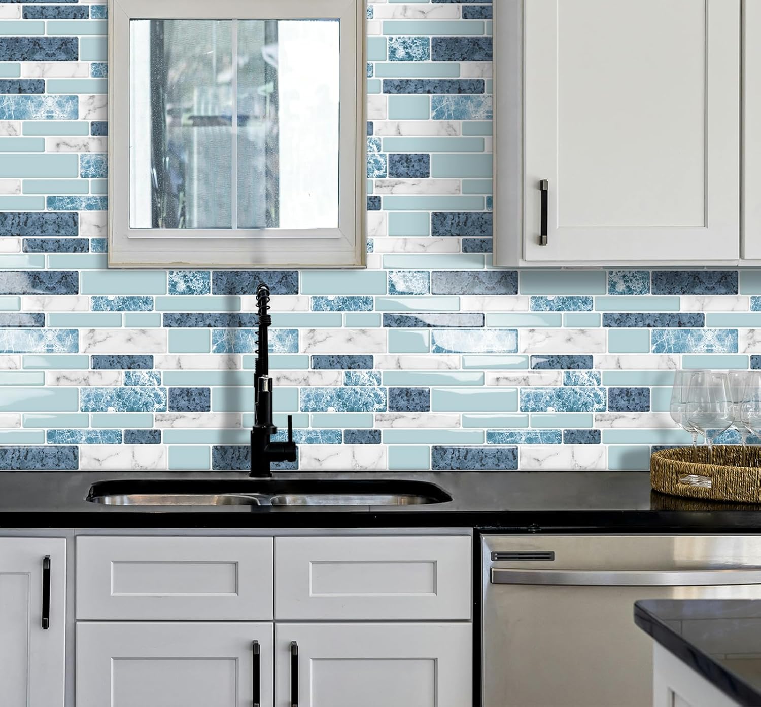 Peel and Stick Marble Tile Stickers 3D Blue 12x12 10-Sheet Backsplash