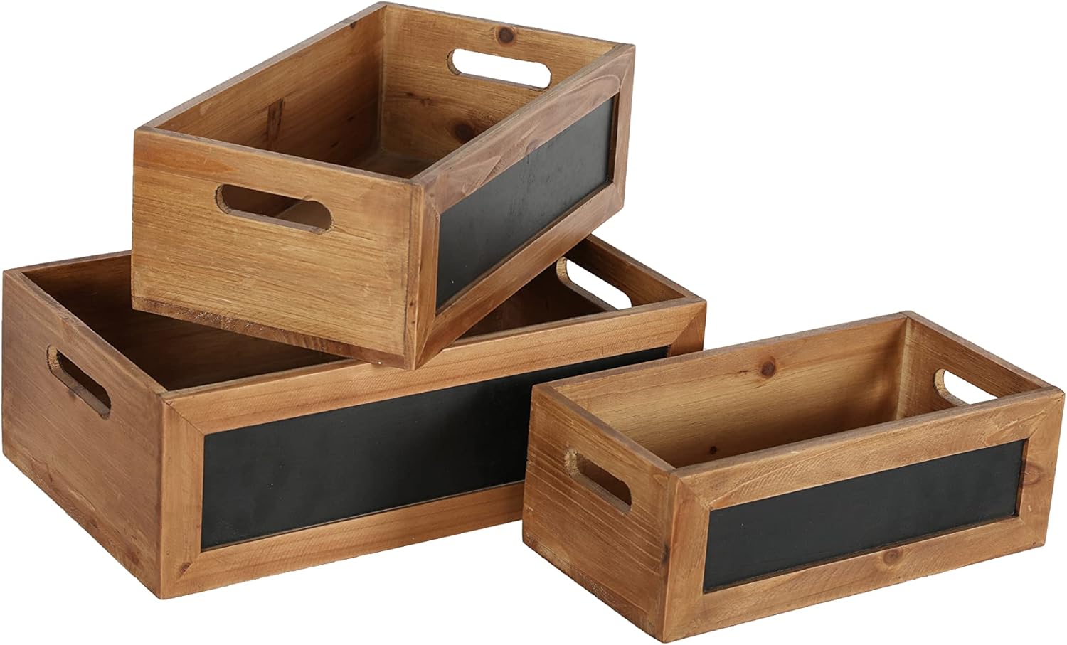Set of 3 Rustic Wood Storage Crates with Chalkboard Handles