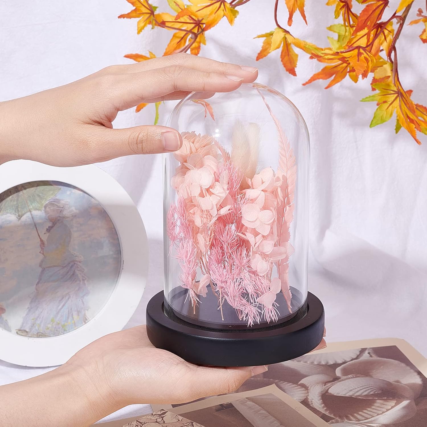 NBEADS Eternal Flower Glass Cloche with Wood Base