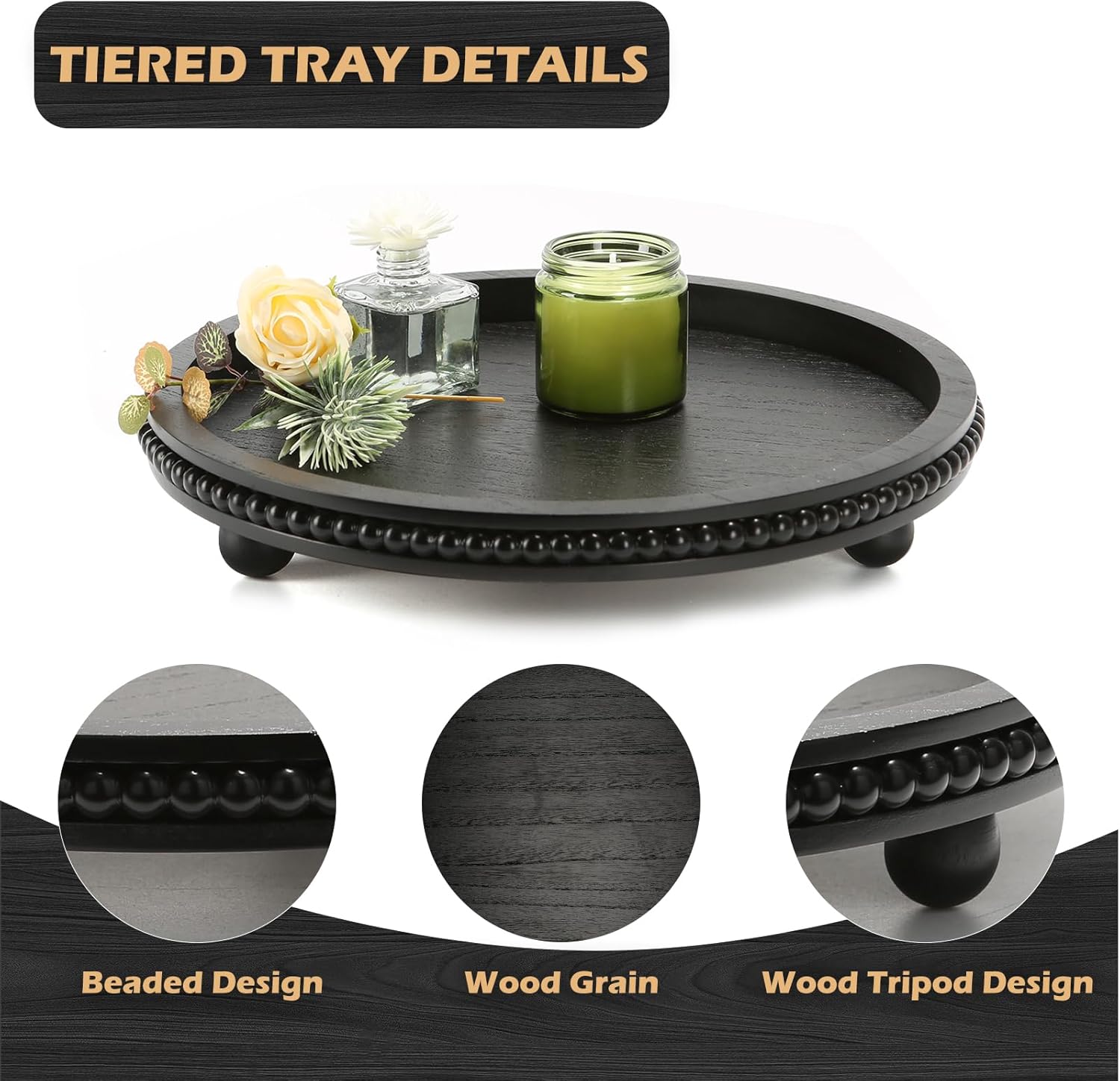 Round Black Wooden Beaded Decor Tray for Coffee Table
