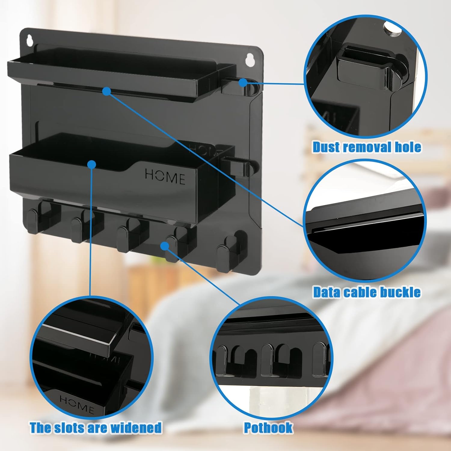 Bedside Wall Mount Shelf Organizer for Phone Remote Glasses Black
