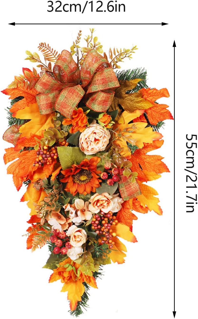 Harvest Teardrop Swag with Peonies and Maple Leaves