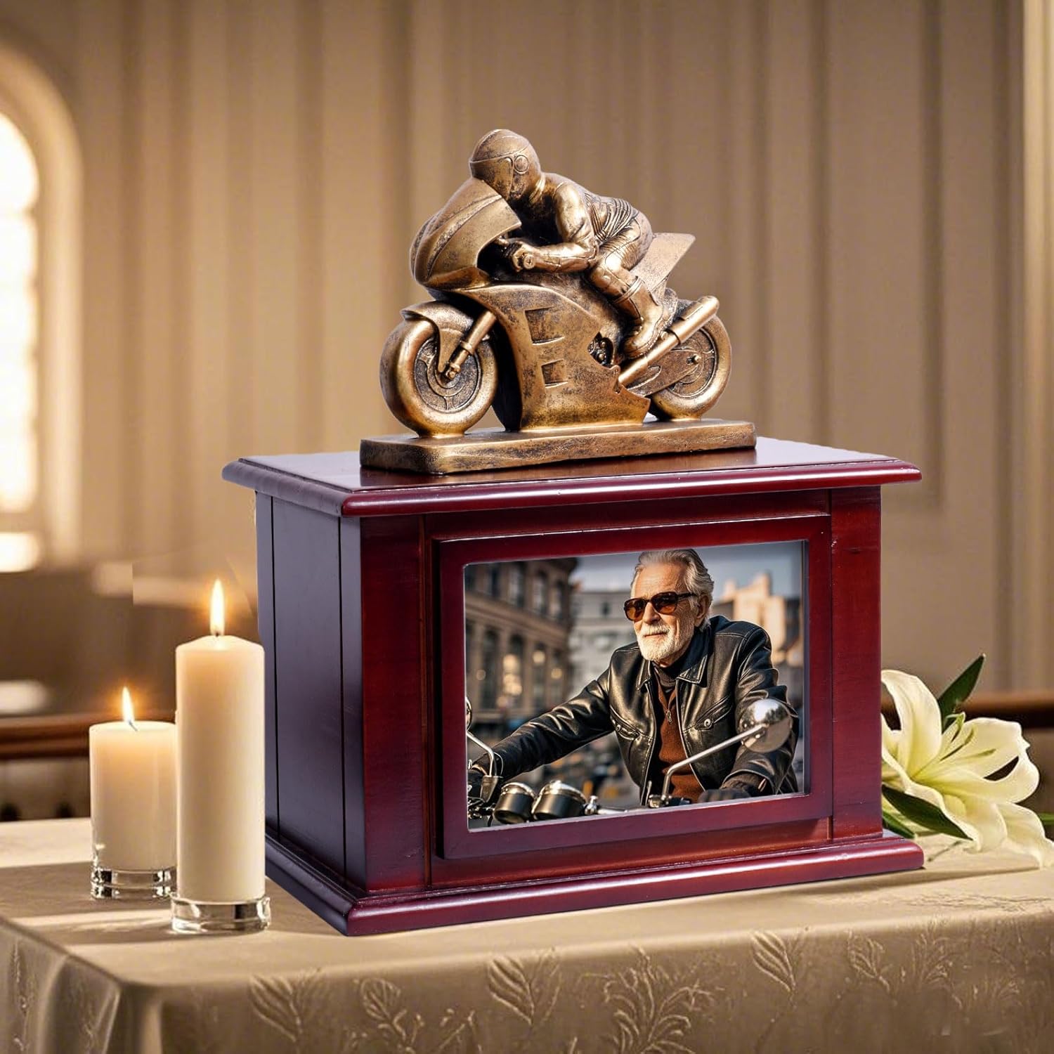 Wooden Motorcycle Urn for Ashes 290 Lbs Capacity