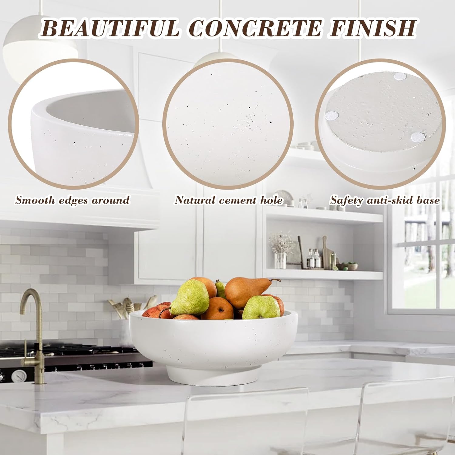 Large Concrete Fruit Bowl - Modern Decorative Centerpiece with Non-Slip Pads LightGray