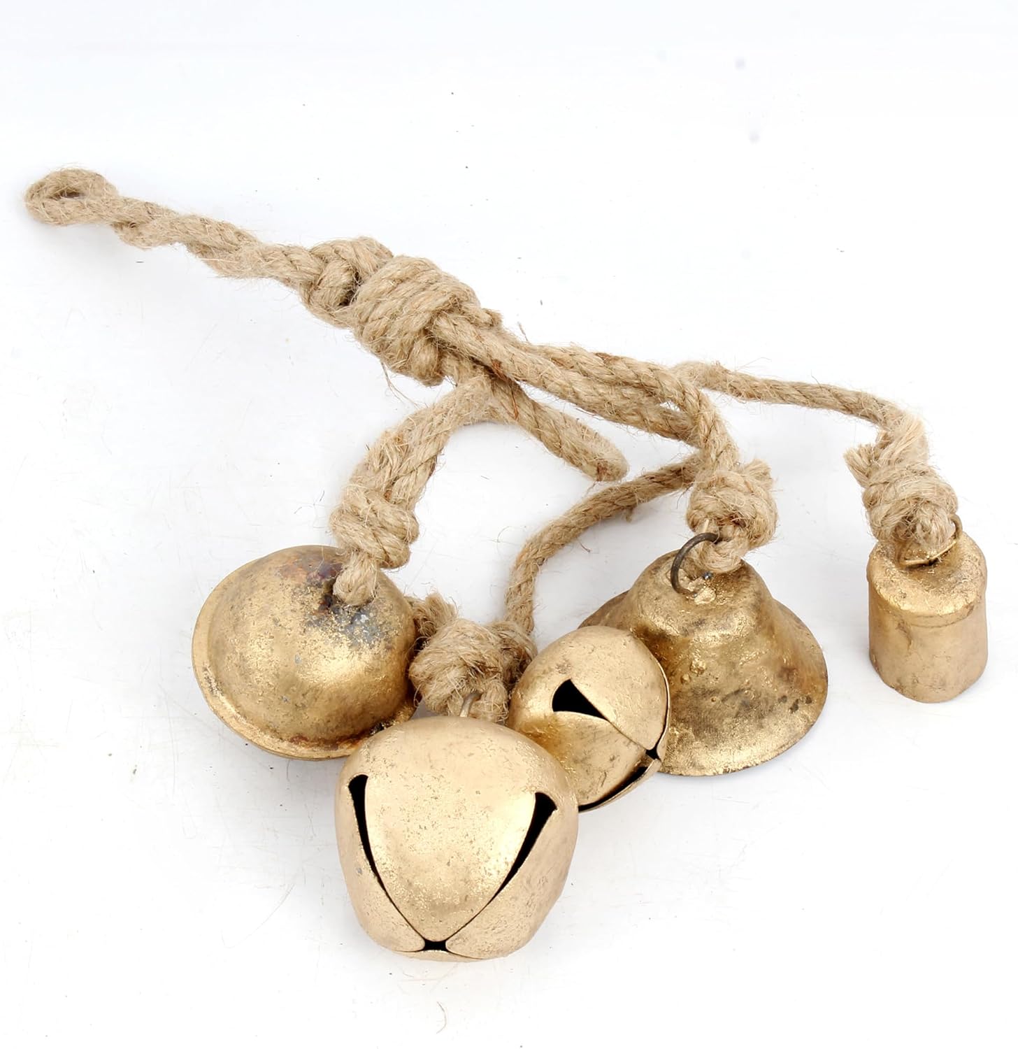 Set of 5 Vintage Handmade Rustic Christmas Bells on Jute Rope
