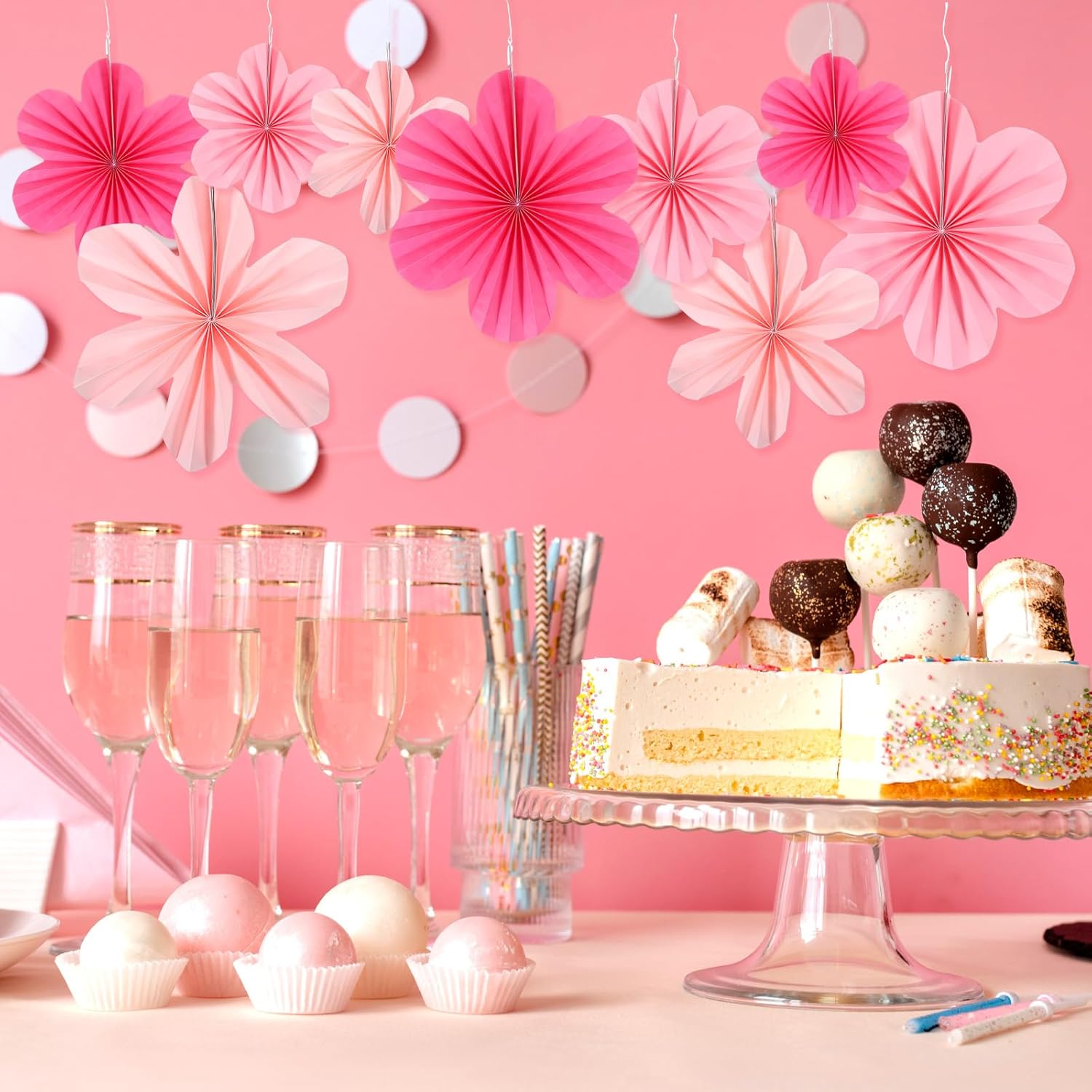 9 Pcs Pink Paper Fans for Party Decor and Wall Hanging