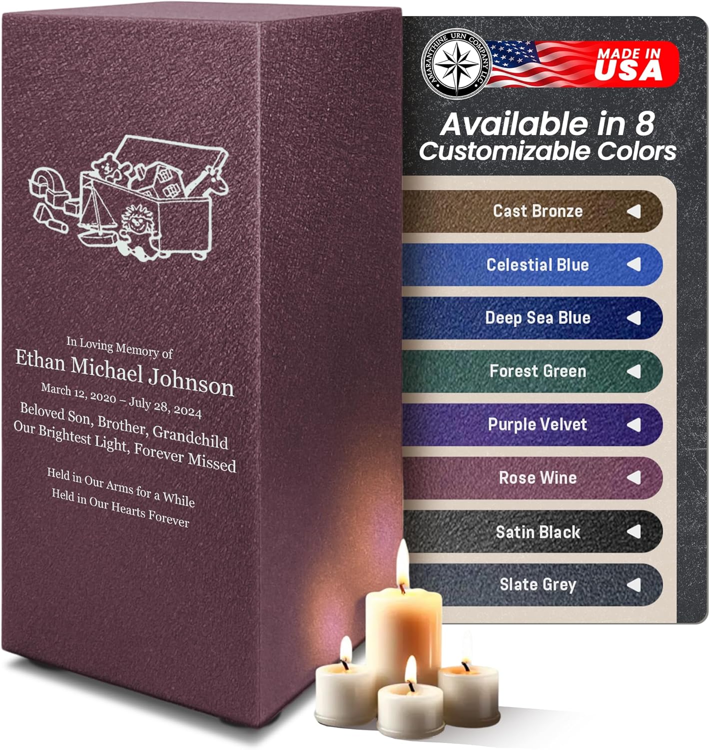 Elegant Customizable Cremation Urn for Human Ashes - Personalized Text Color Base Made in USA