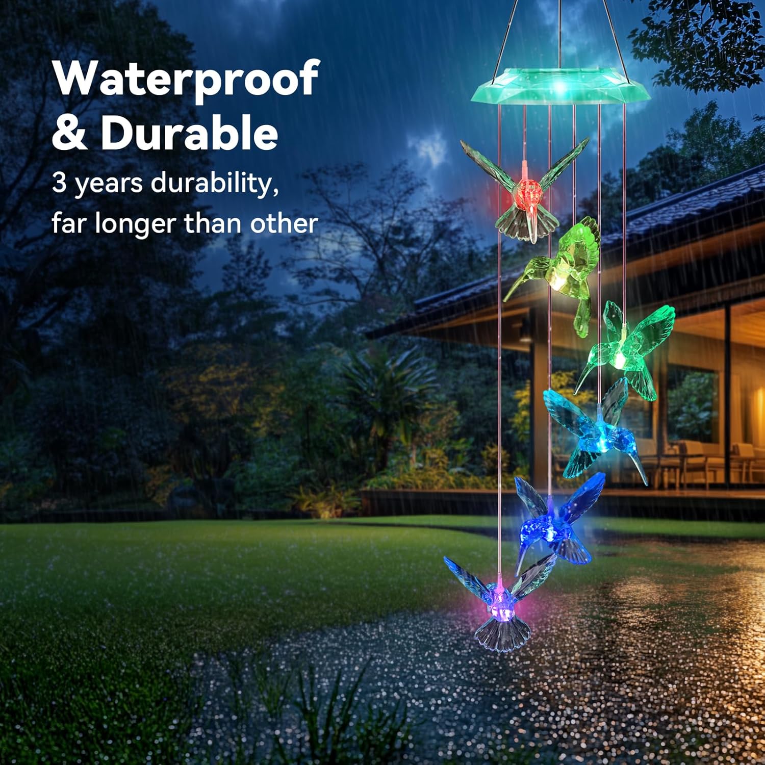 Diamond Cut Hummingbird Solar Wind Chime for Garden 28 Green Light