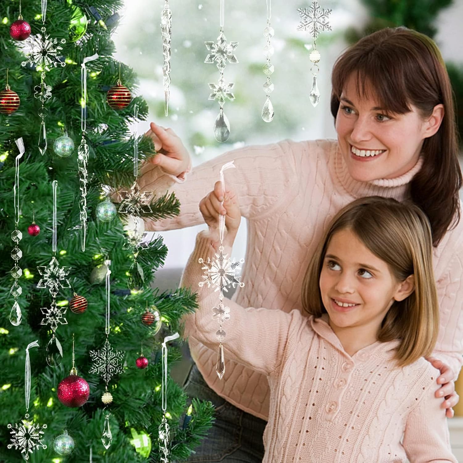 18pcs Crystal Christmas Tree Decorations with Snowflakes and Icicles